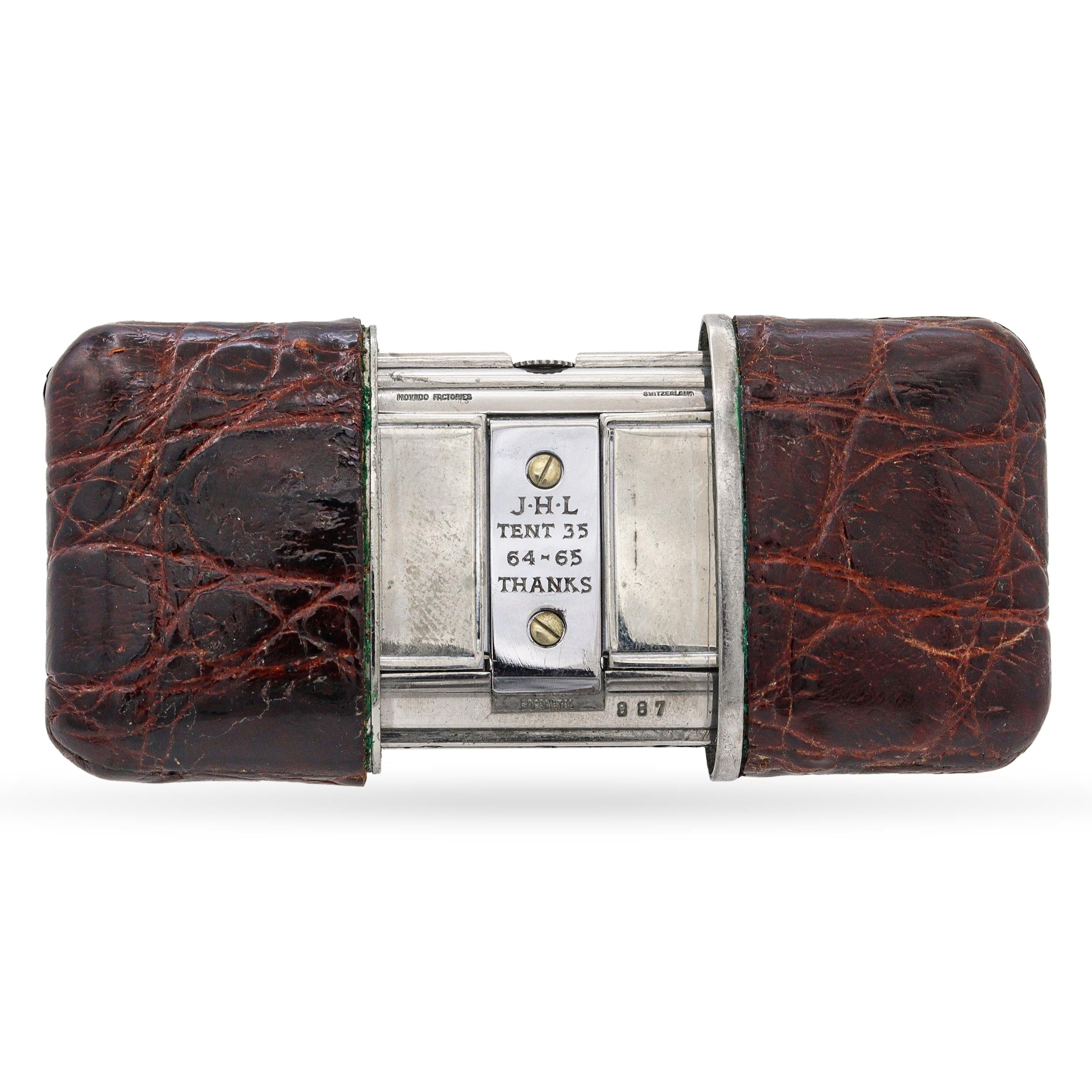 Vintage Movado Ermeto Tiffany & Co. Stainless Steel Brown Leather Travel Clock