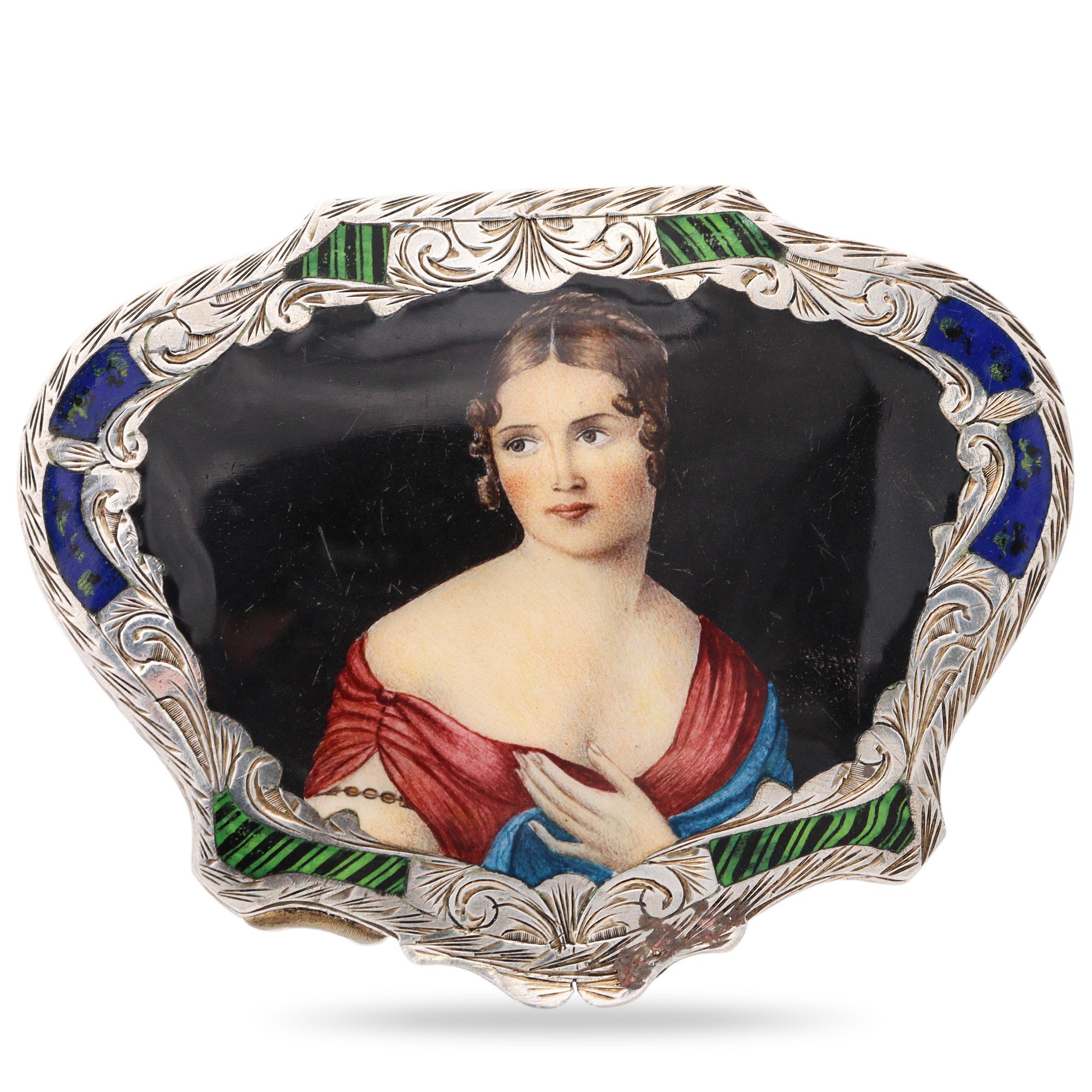 Antique Late Victorian Hand Engraved Silver Painted Enamel Lady Compact Case