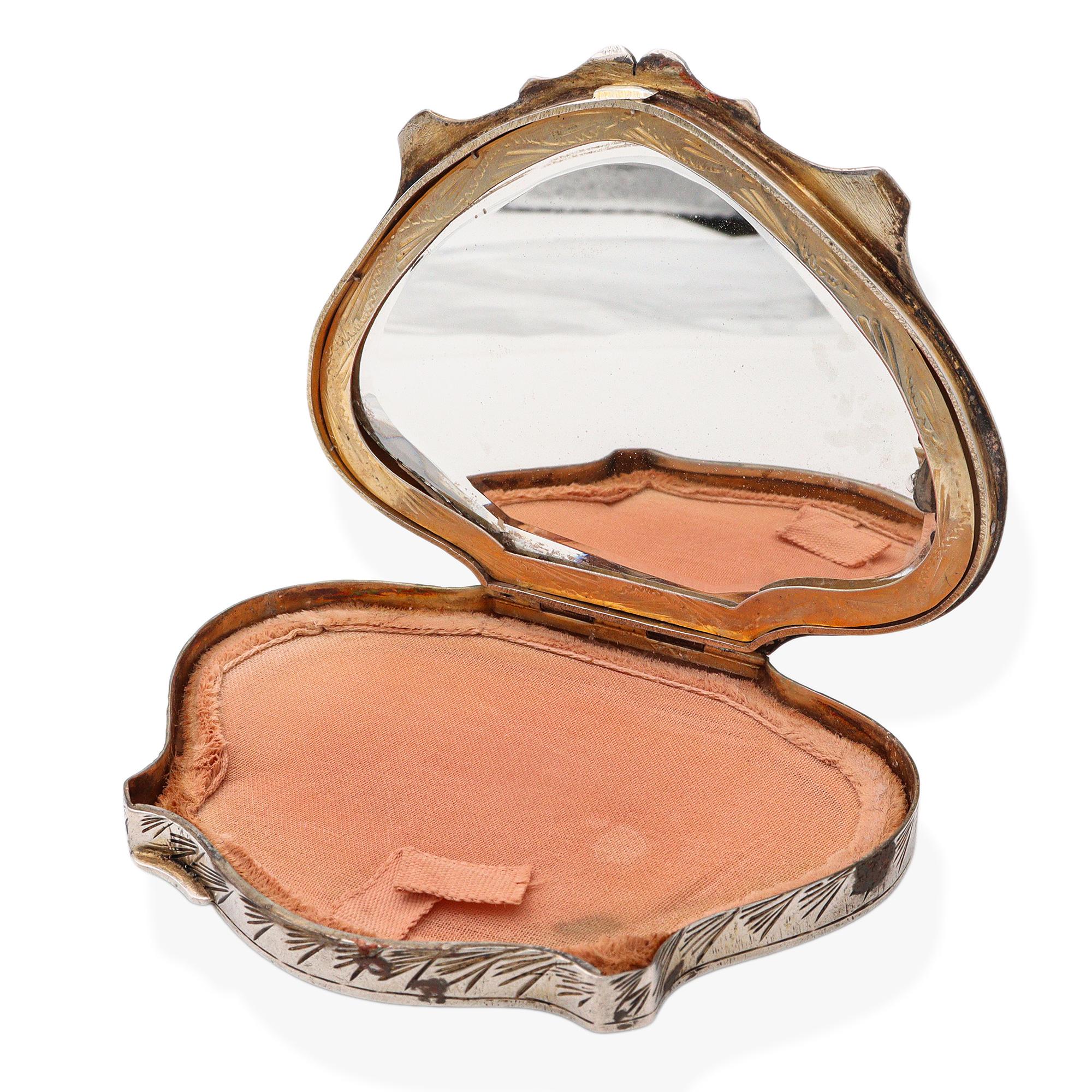 Antique Late Victorian Hand Engraved Silver Painted Enamel Lady Compact Case