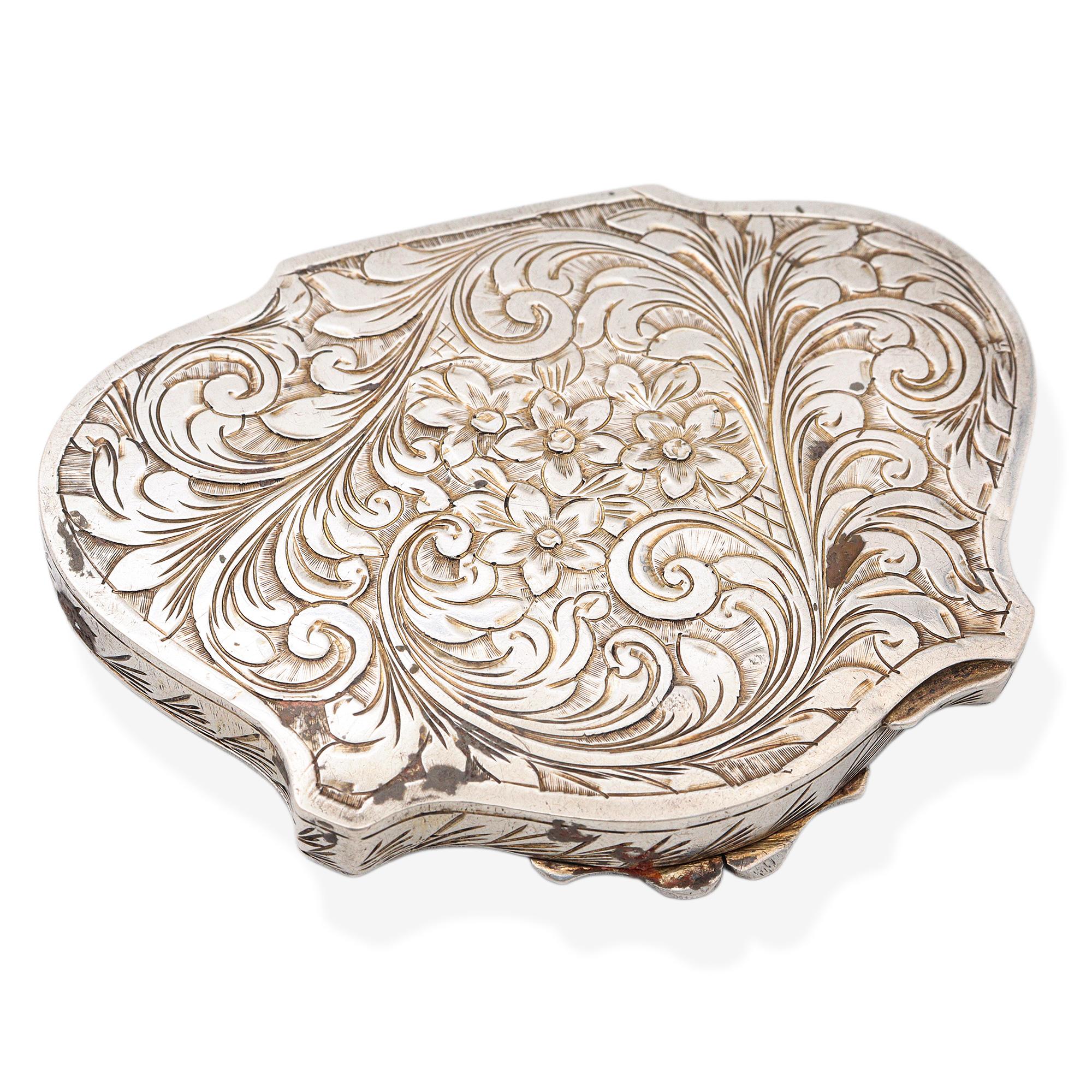 Antique Late Victorian Hand Engraved Silver Painted Enamel Lady Compact Case