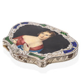 Antique Late Victorian Hand Engraved Silver Painted Enamel Lady Compact Case