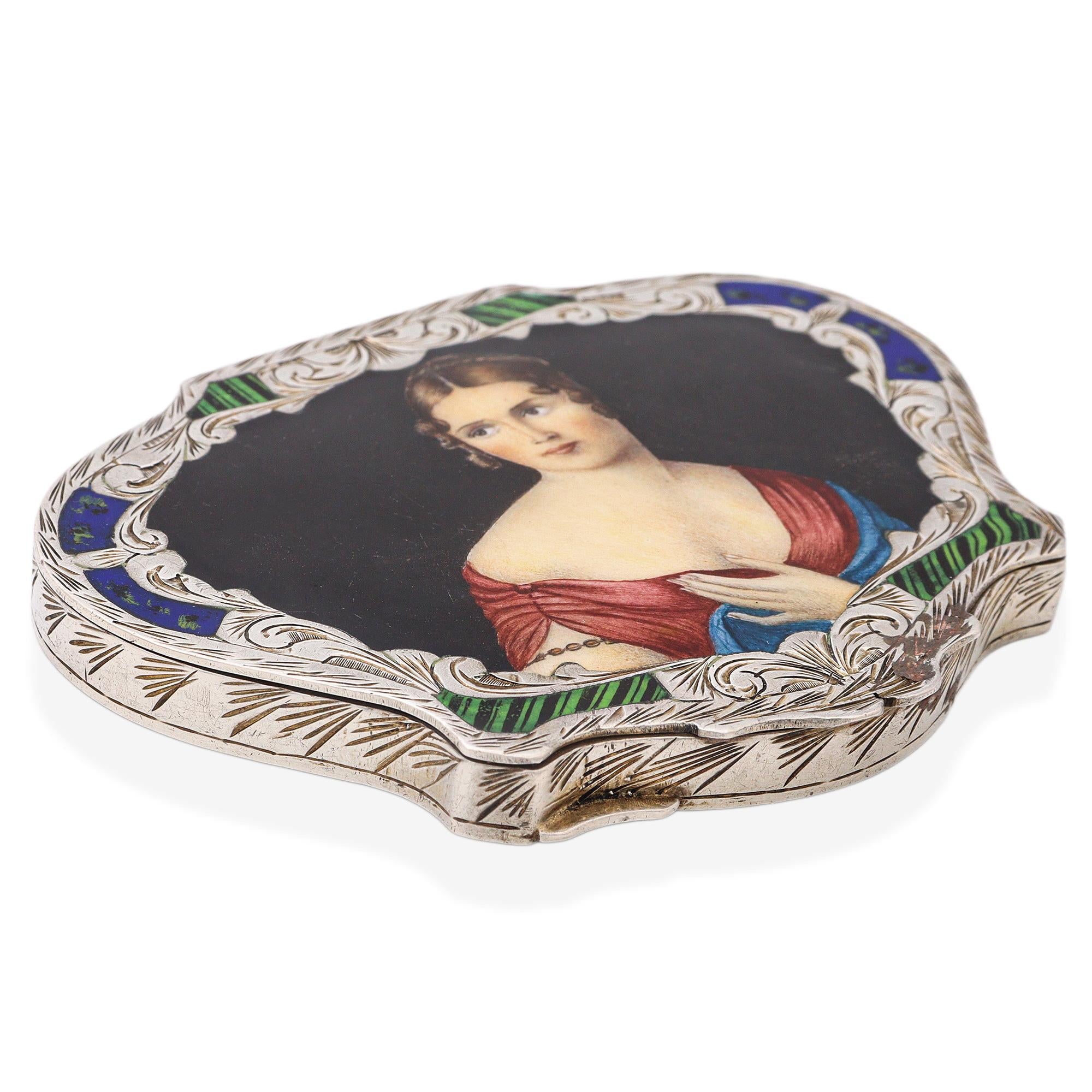 Antique Late Victorian Hand Engraved Silver Painted Enamel Lady Compact Case