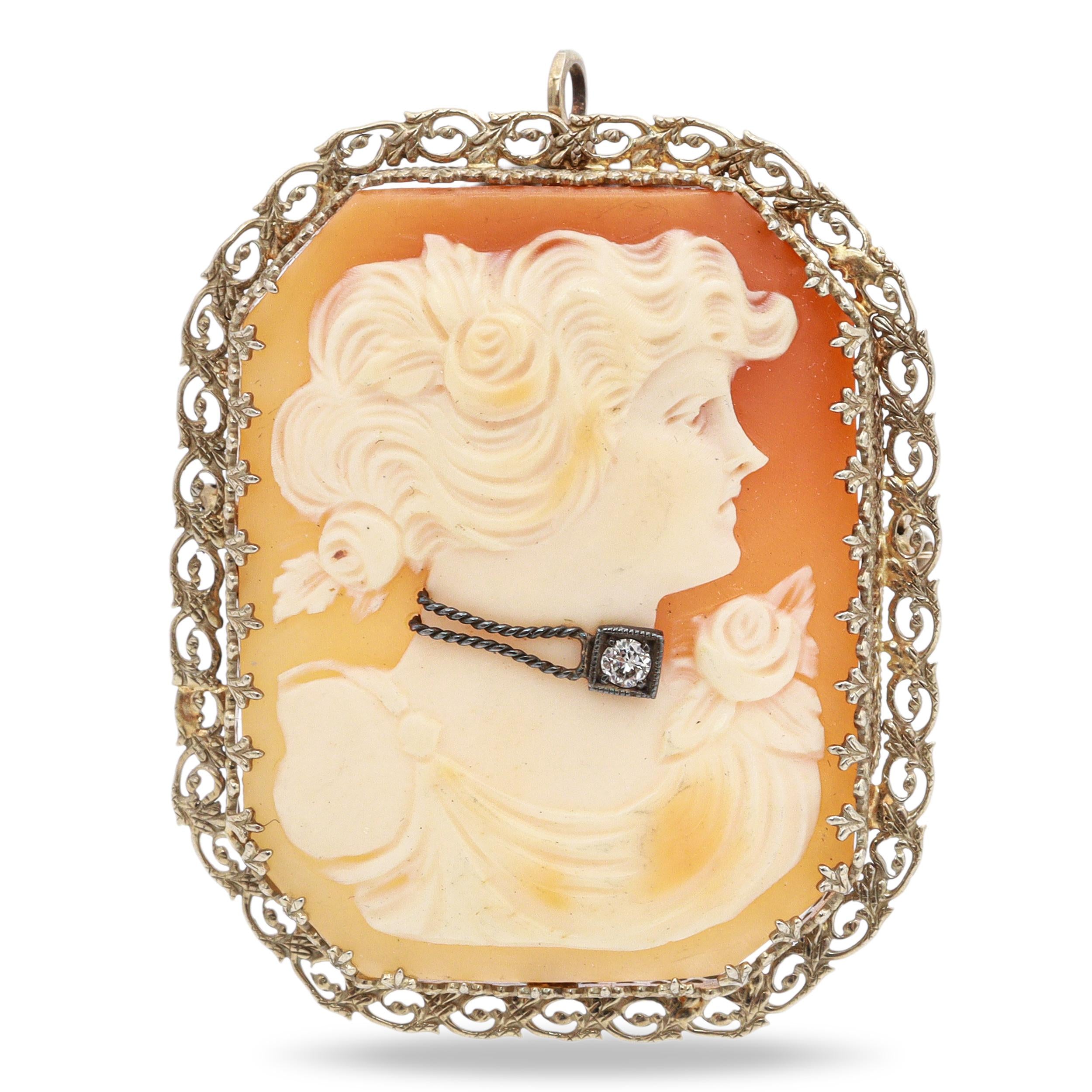 Antique 14K Yellow Gold Shell Cameo Diamond Accent Portrait Brooch Pendant