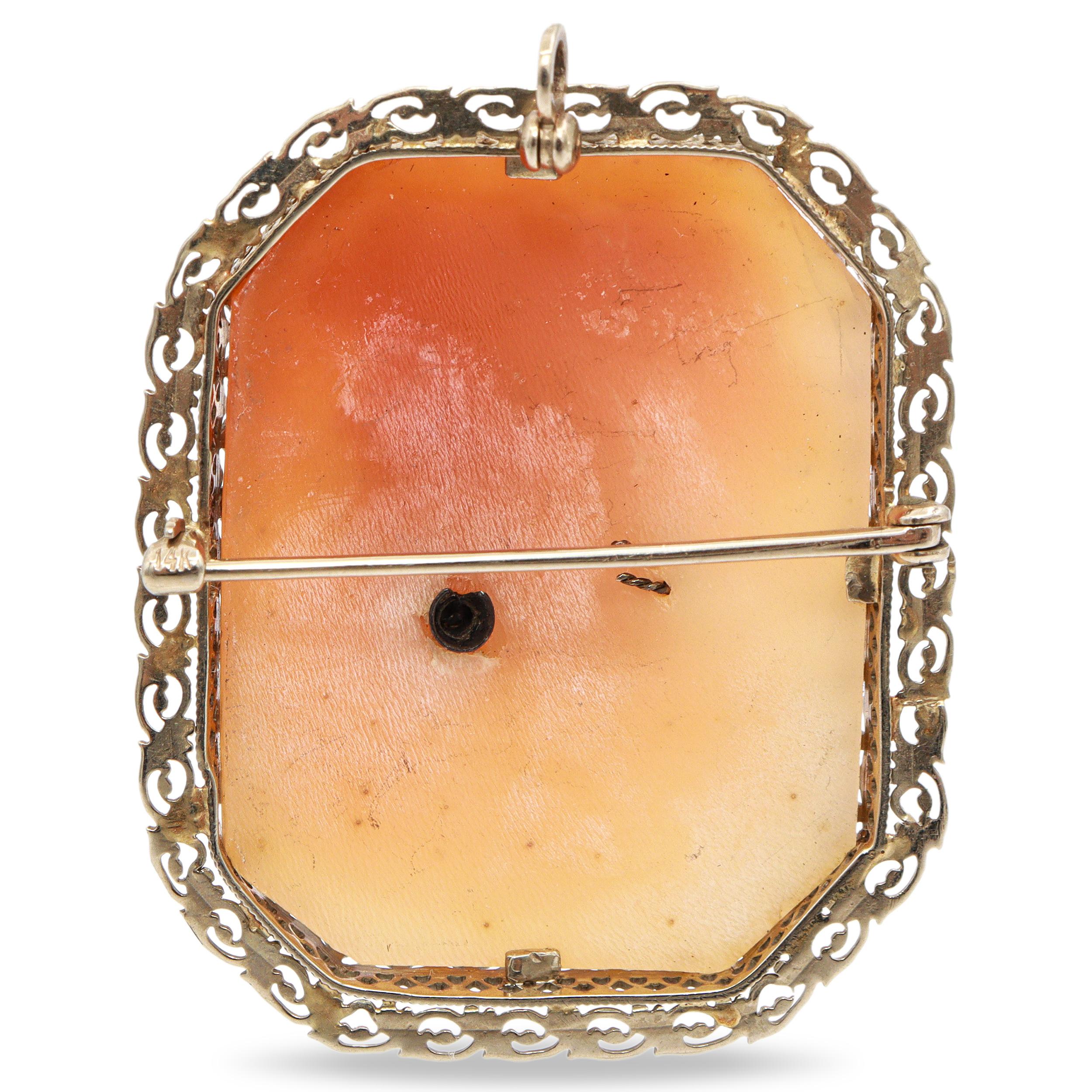 Antique 14K Yellow Gold Shell Cameo Diamond Accent Portrait Brooch Pendant