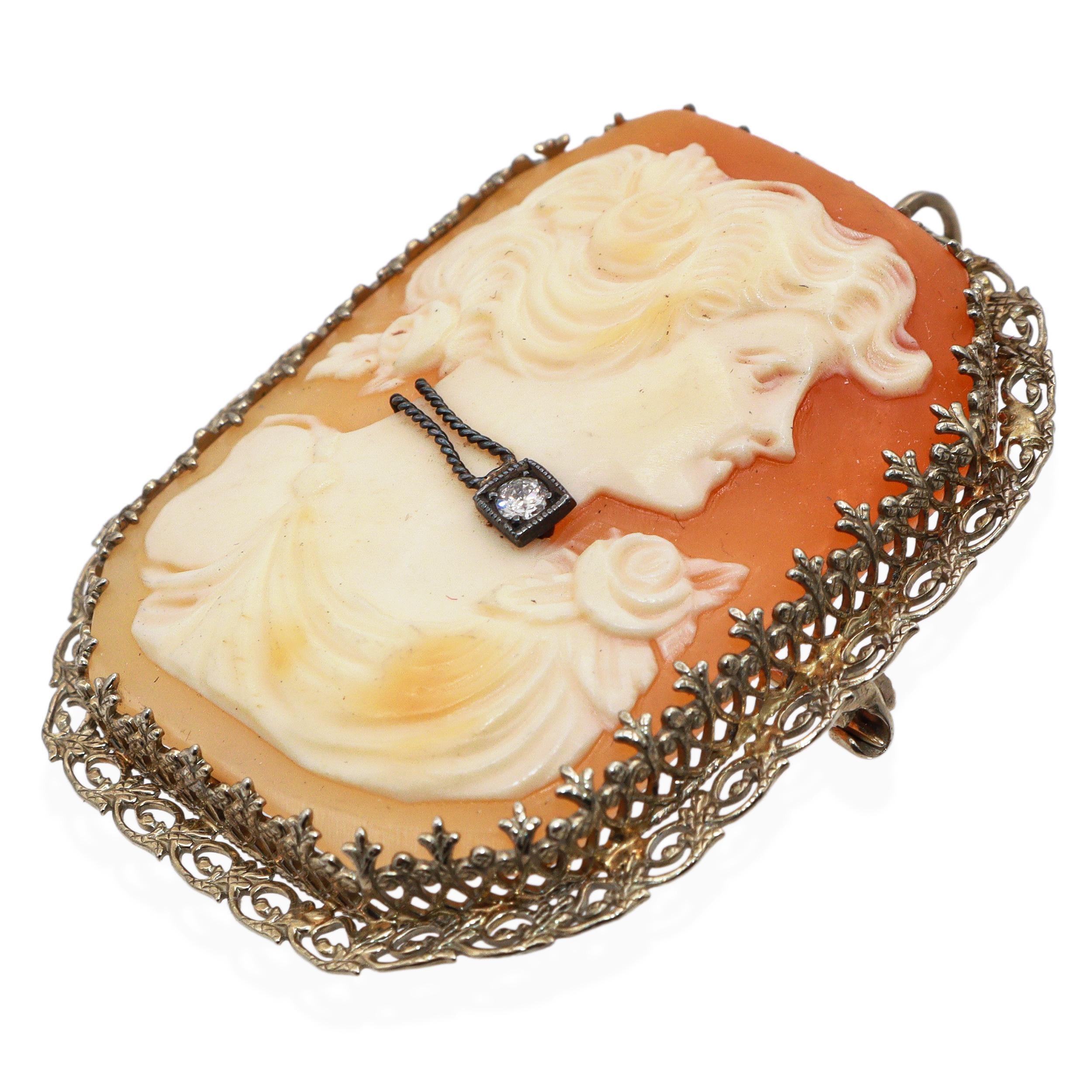 Antique 14K Yellow Gold Shell Cameo Diamond Accent Portrait Brooch Pendant