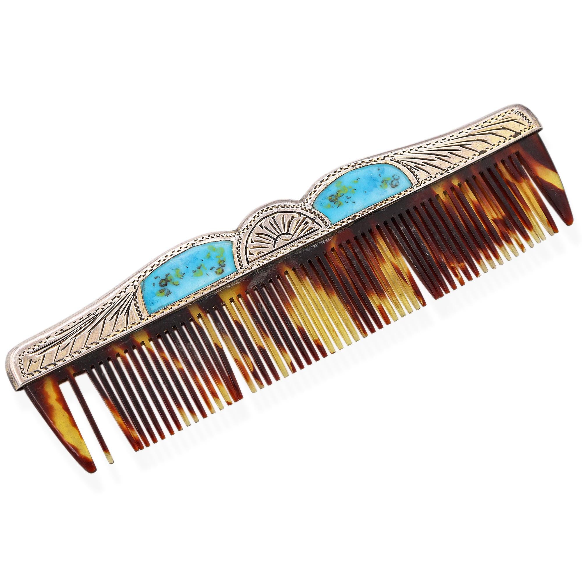 Antique Late Victorian Hand Engraved Silver Painted Enamel Cherubs Comb