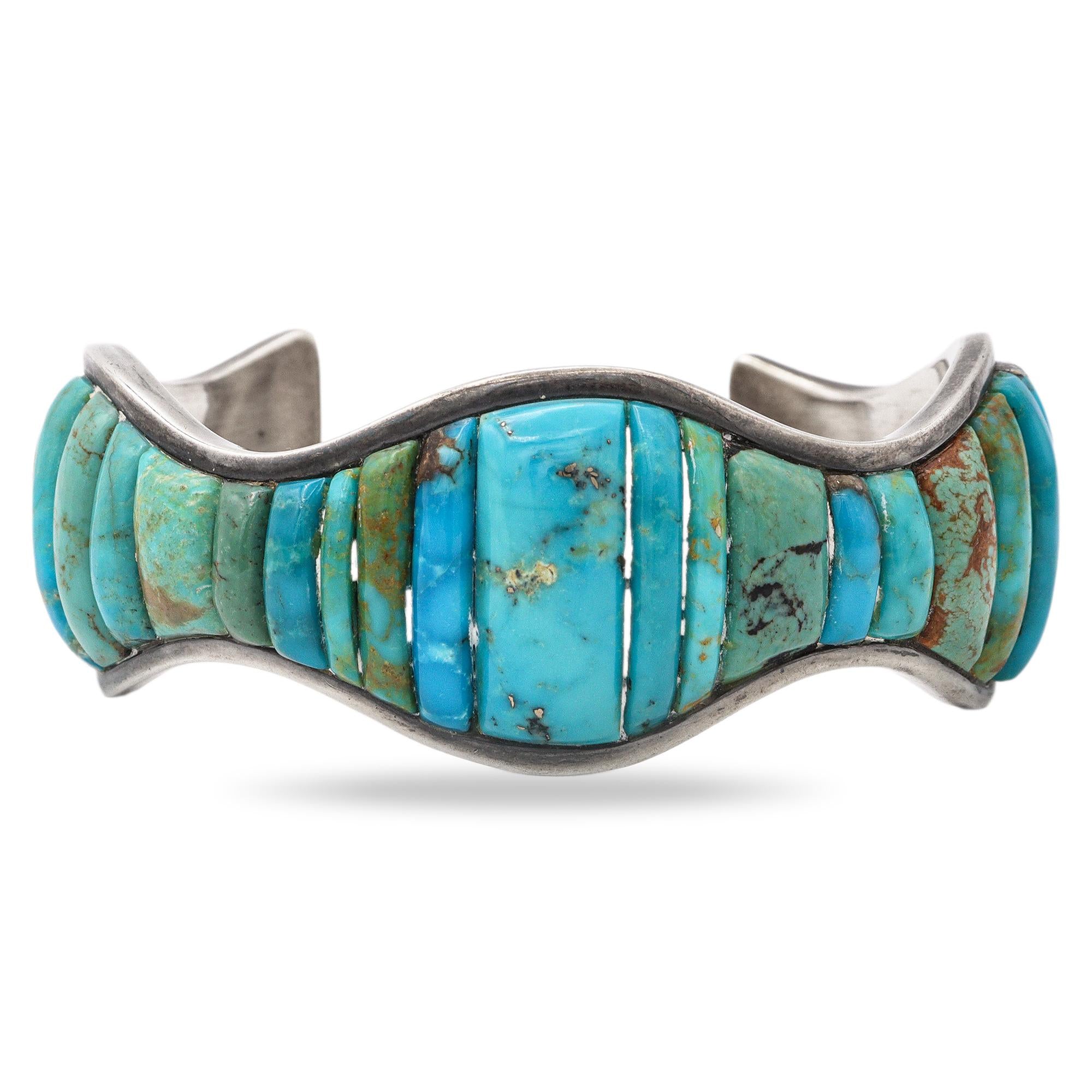 Vintage Southwestern Signed TOLLE Sterling Silver Turquoise Cuff Bracelet