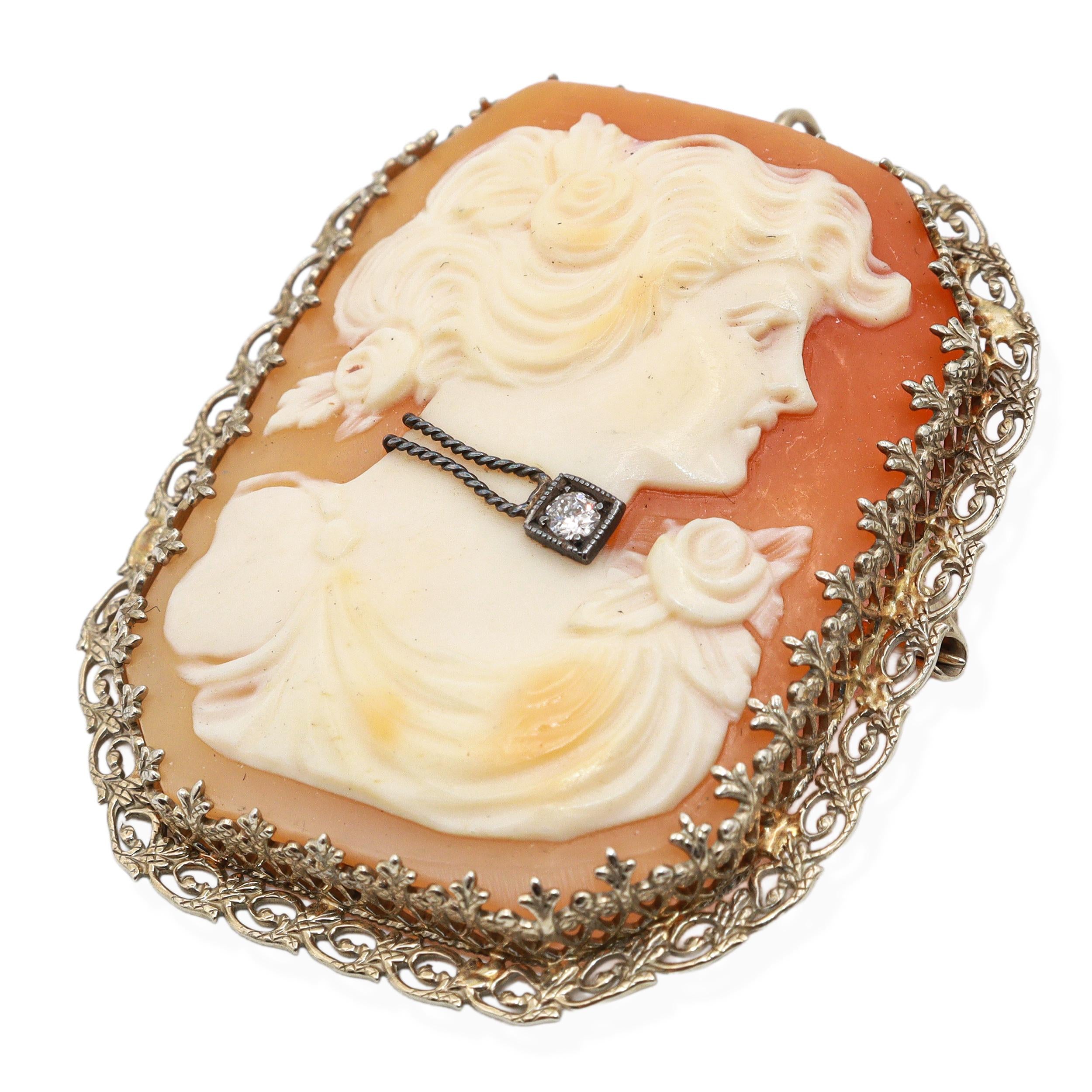 Antique 14K Yellow Gold Shell Cameo Diamond Accent Portrait Brooch Pendant