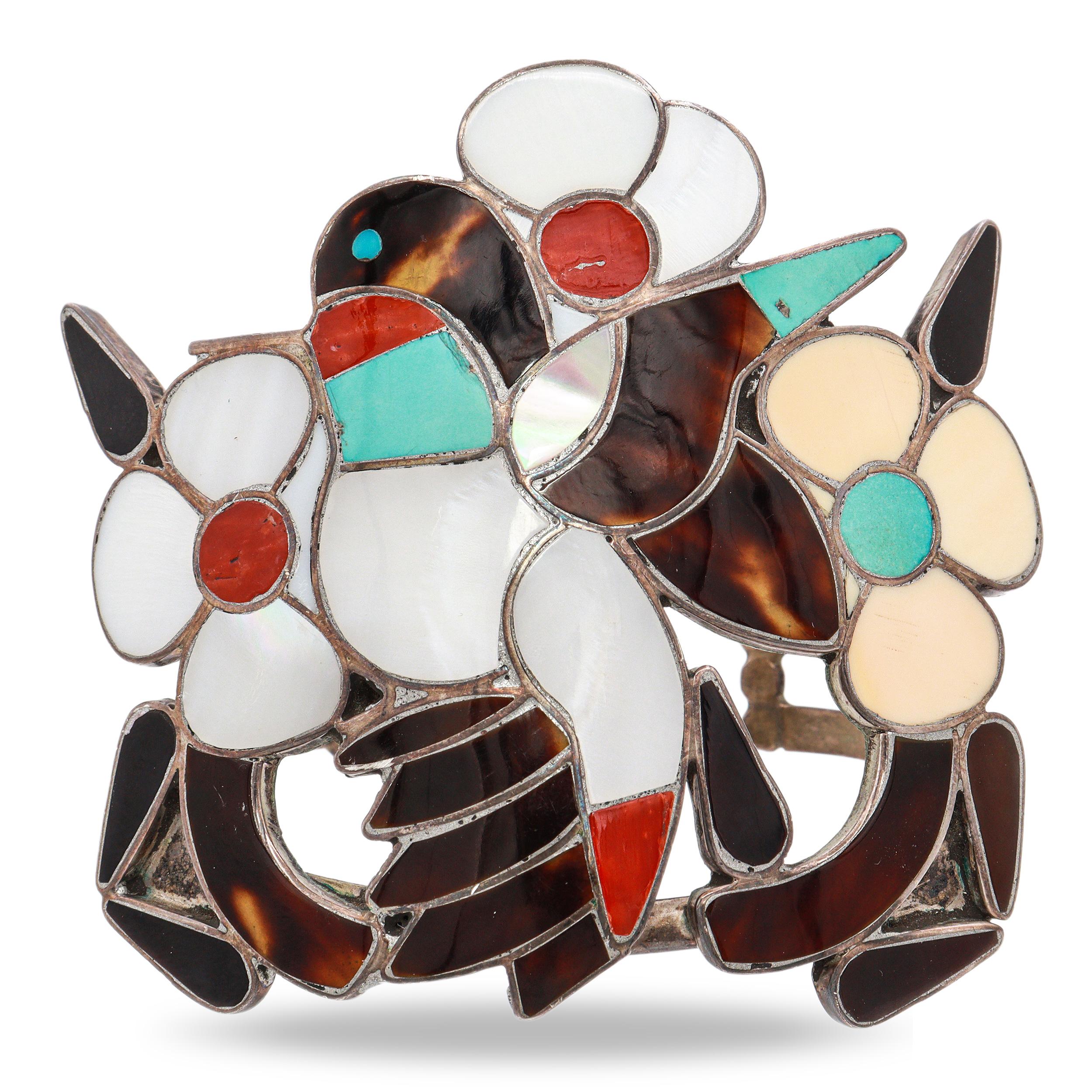 Zuni Bobby & Corraine Shack Sterling Silver Multi-Stone Hummingbird Inlay Cuff