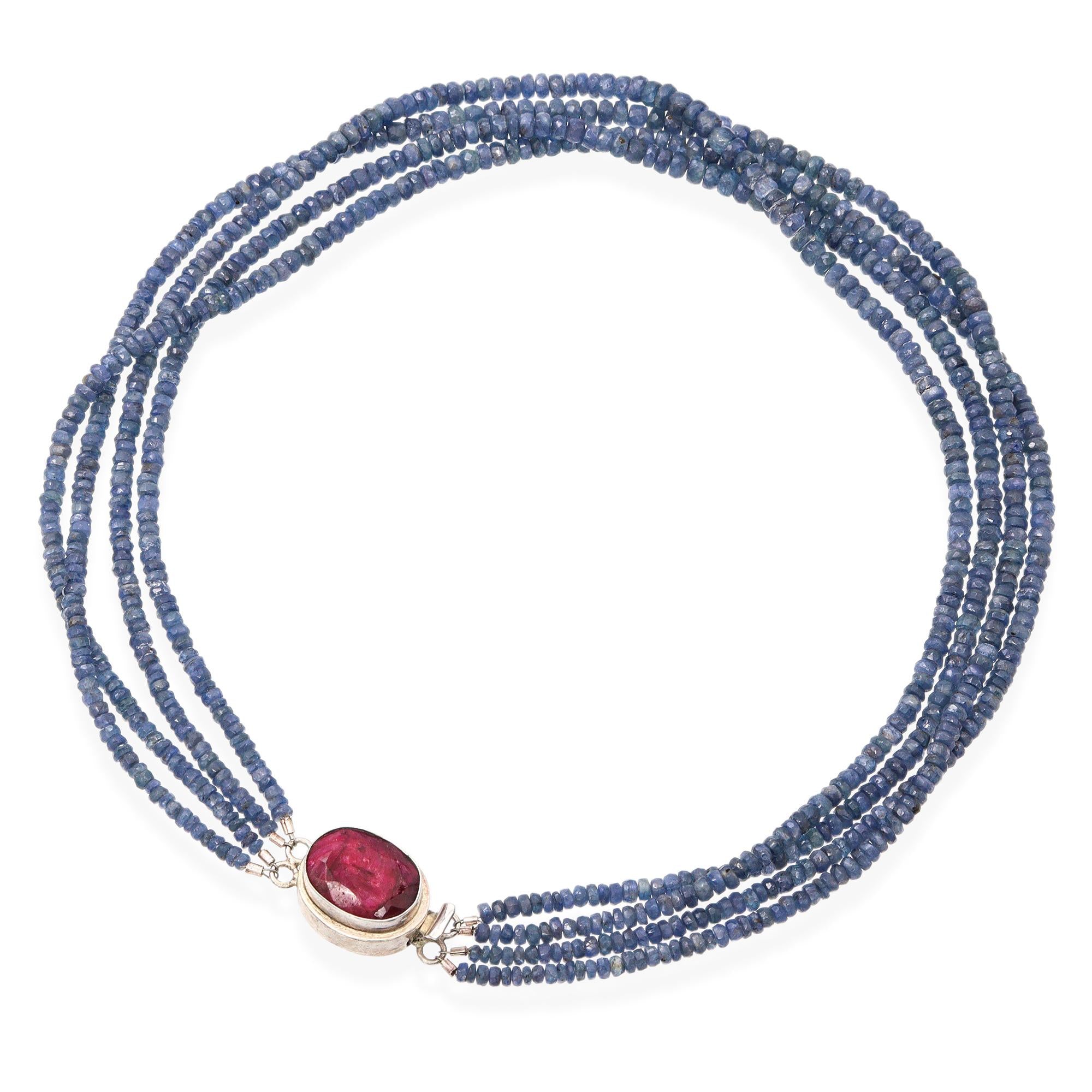 Sterling Silver Sapphire and Ruby Beaded Necklace