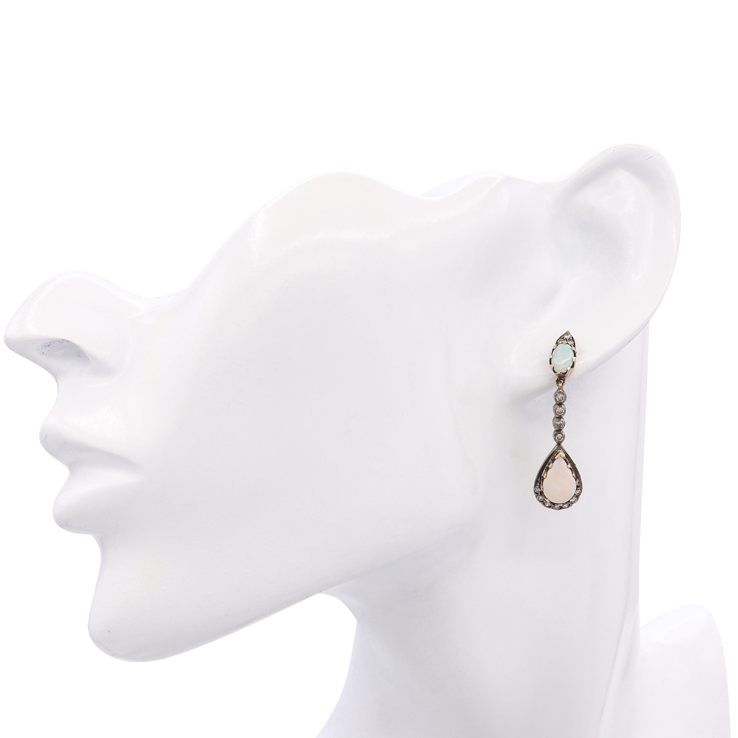 Vintage Silver Topped Yellow Gold 1.85tcw Opal Drop & Diamond Earrings