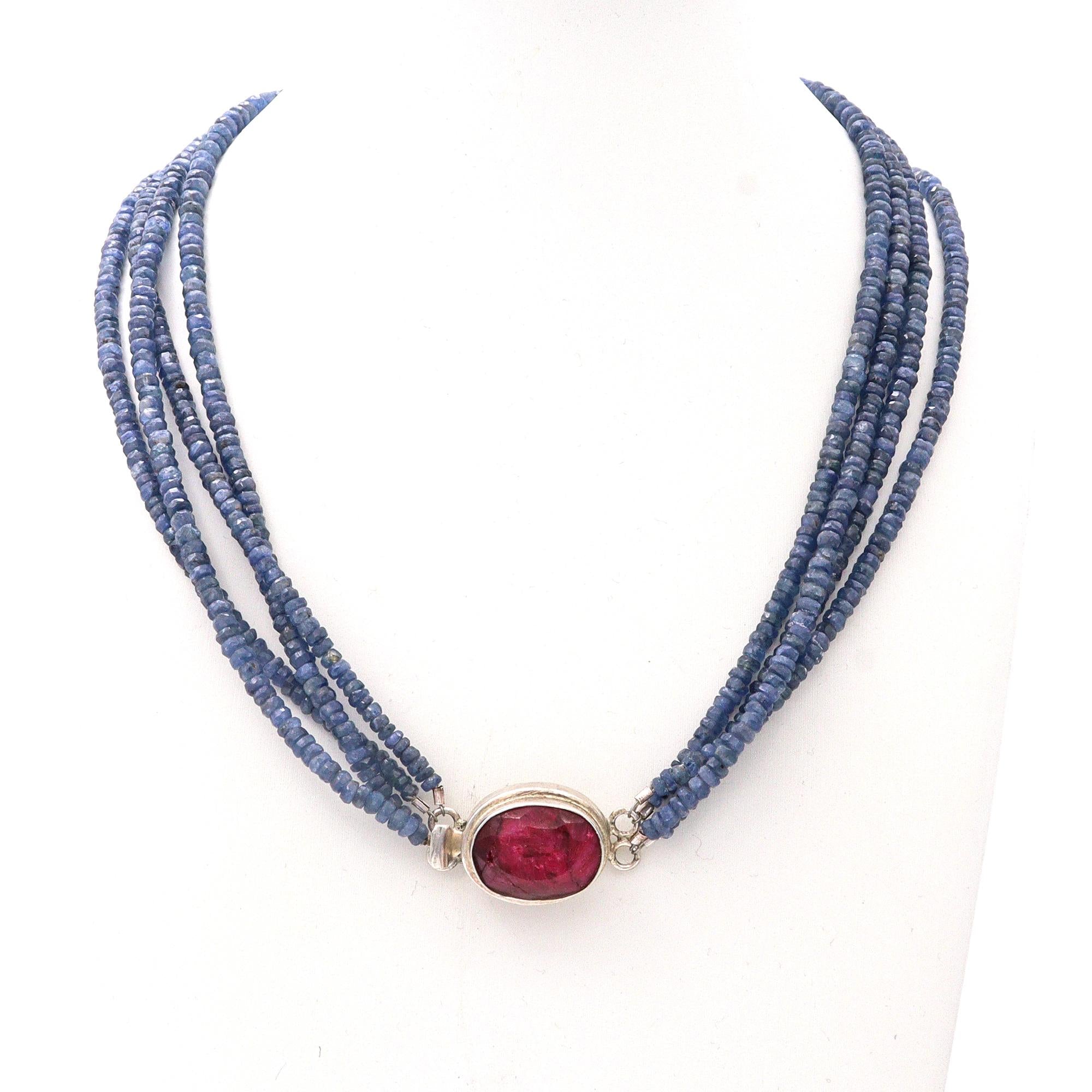 Sterling Silver Sapphire and Ruby Beaded Necklace