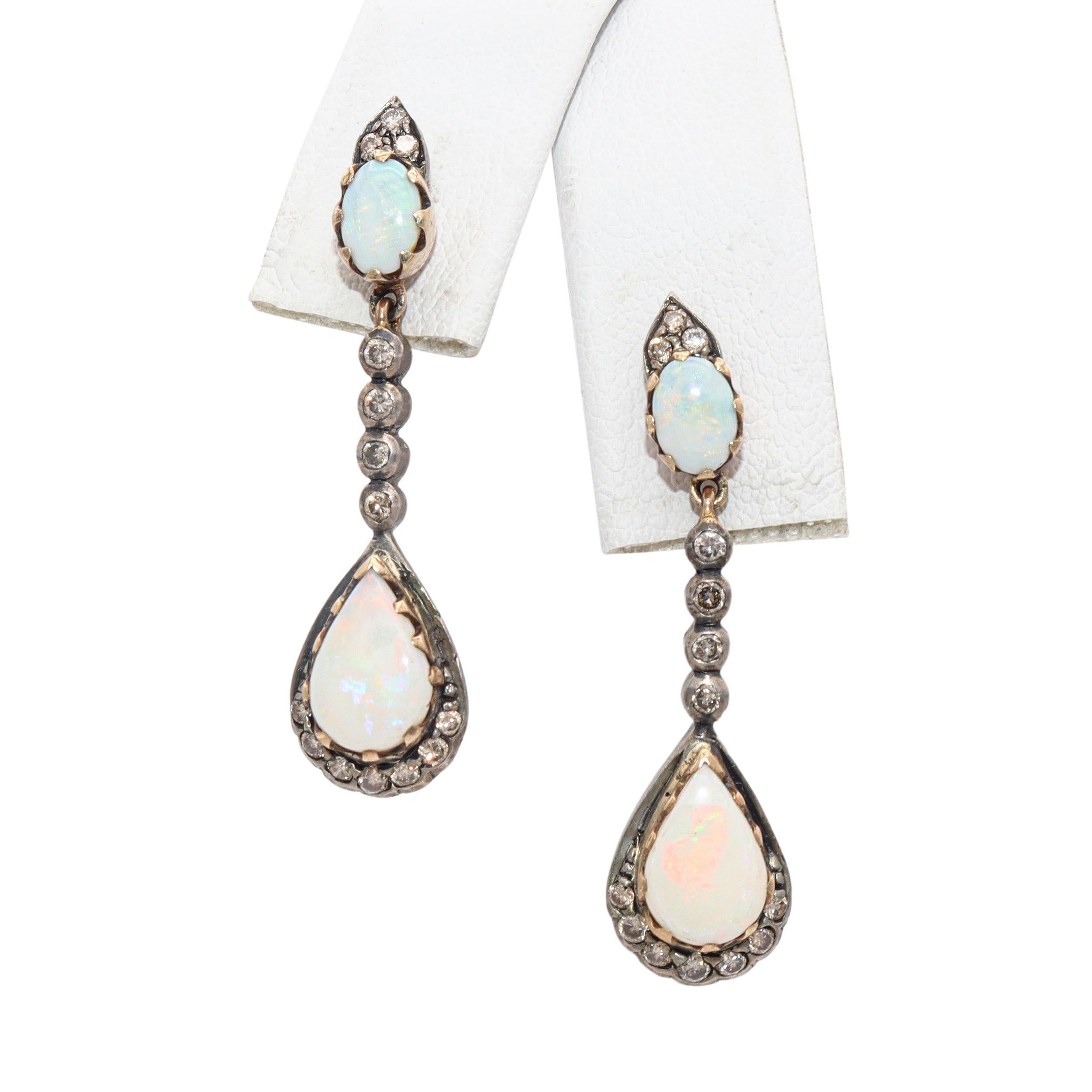 Vintage Silver Topped Yellow Gold 1.85tcw Opal Drop & Diamond Earrings