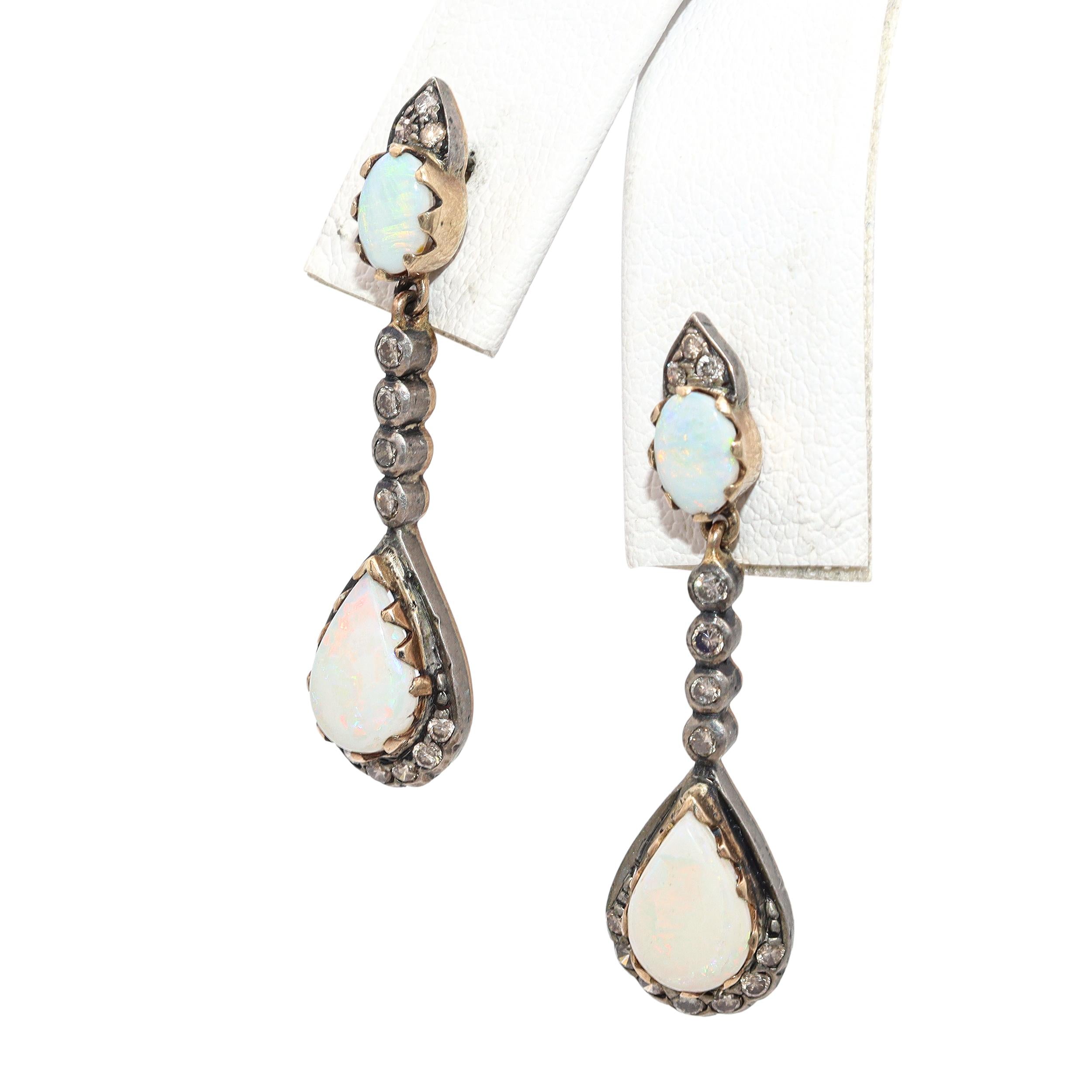 Vintage Silver Topped Yellow Gold 1.85tcw Opal Drop & Diamond Earrings