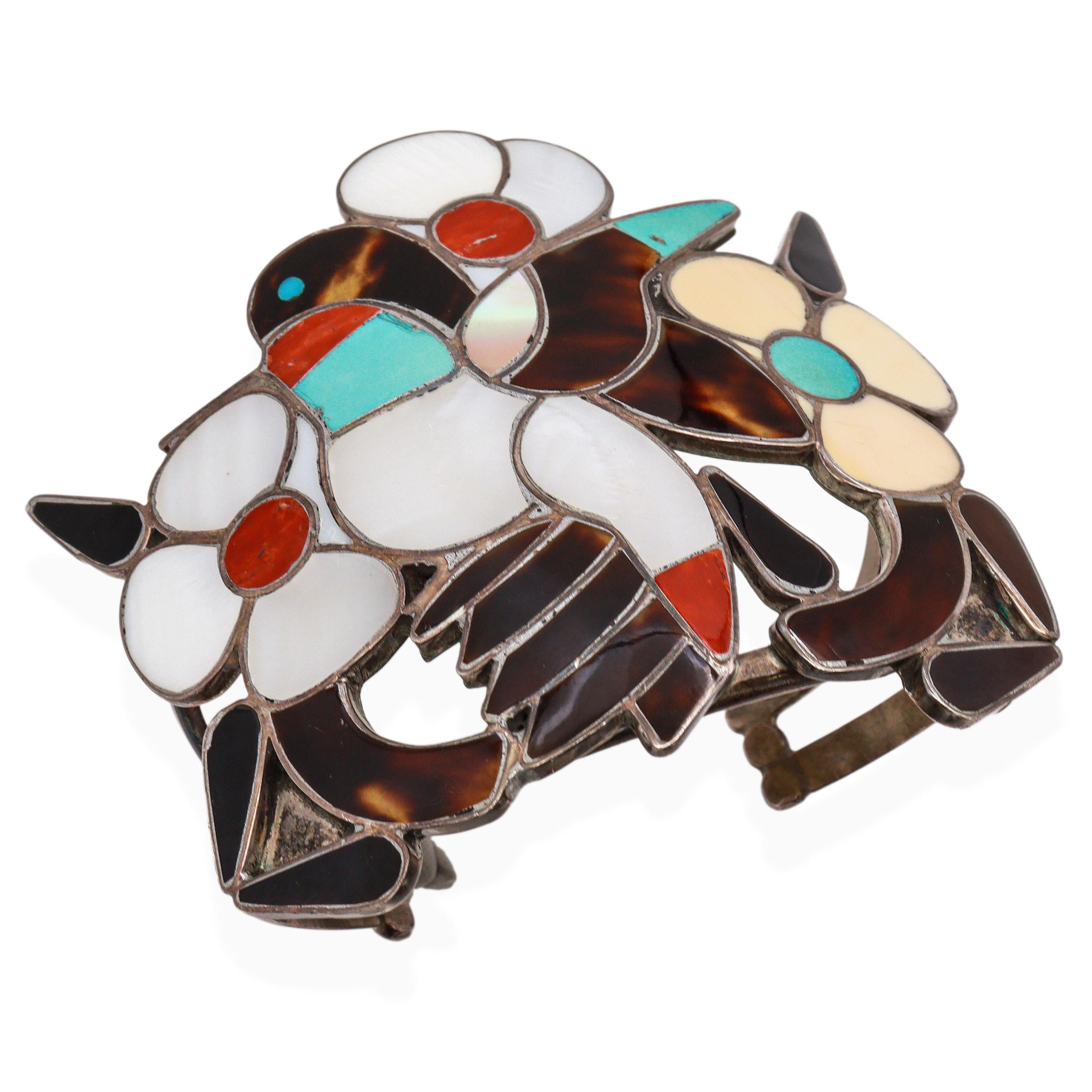 Zuni Bobby & Corraine Shack Sterling Silver Multi-Stone Hummingbird Inlay Cuff