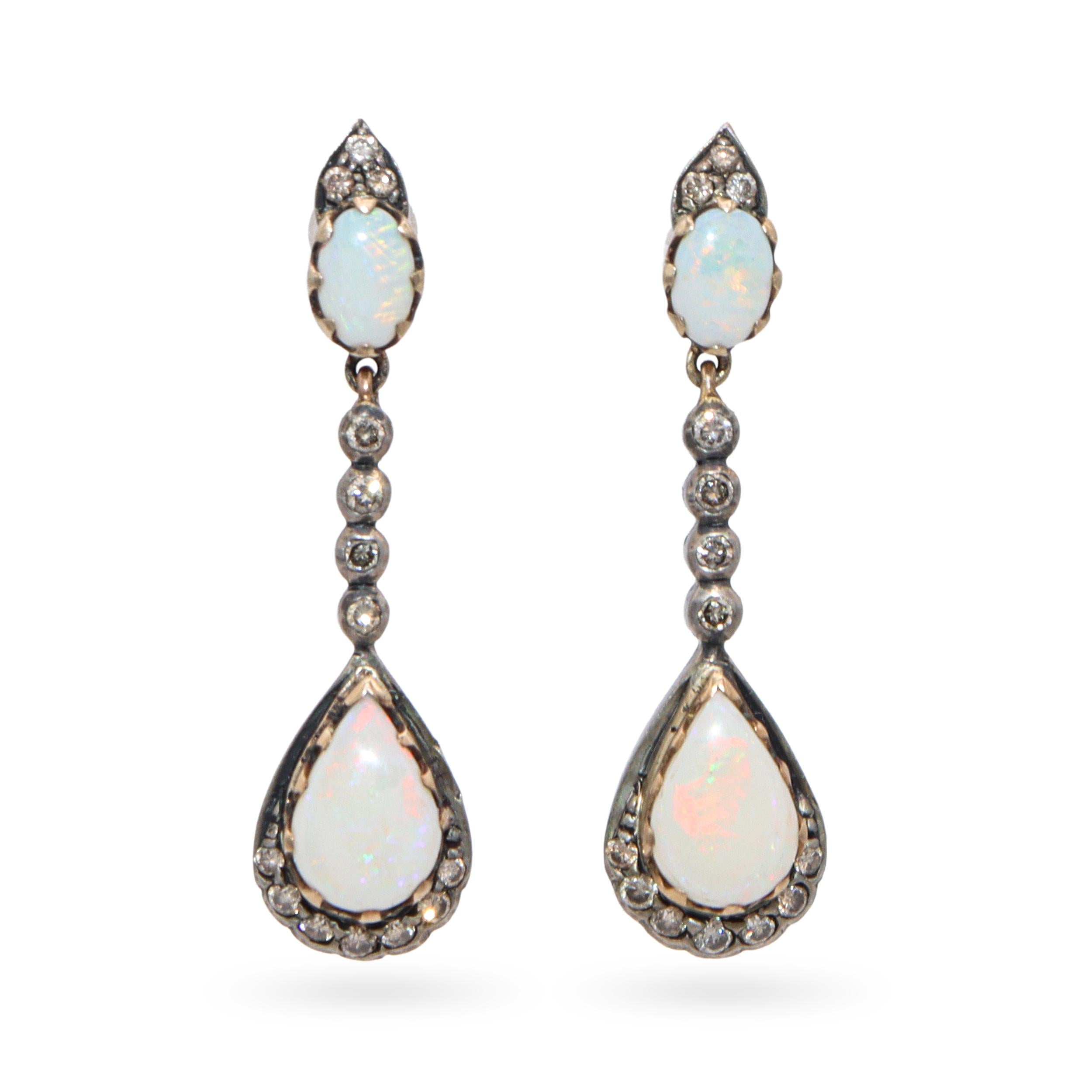 Vintage Silver Topped Yellow Gold 1.85tcw Opal Drop & Diamond Earrings