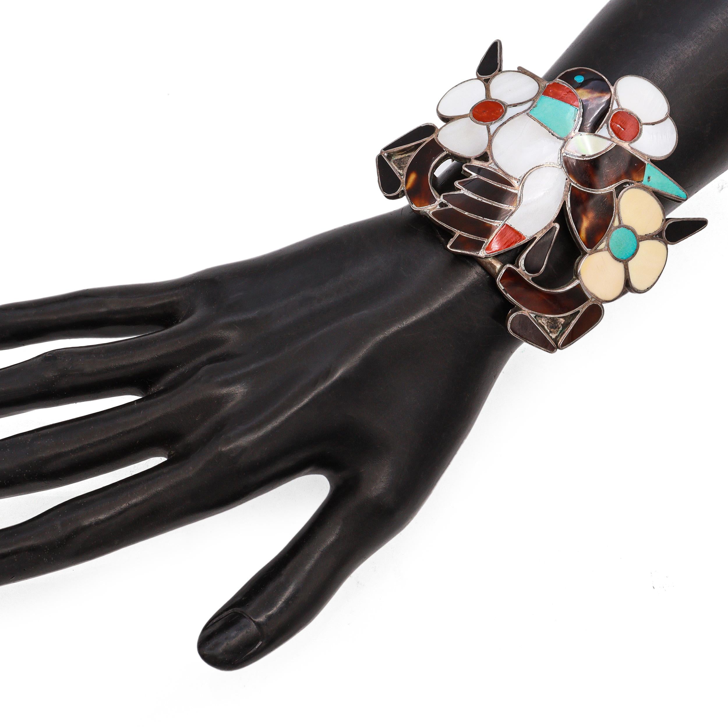 Zuni Bobby & Corraine Shack Sterling Silver Multi-Stone Hummingbird Inlay Cuff