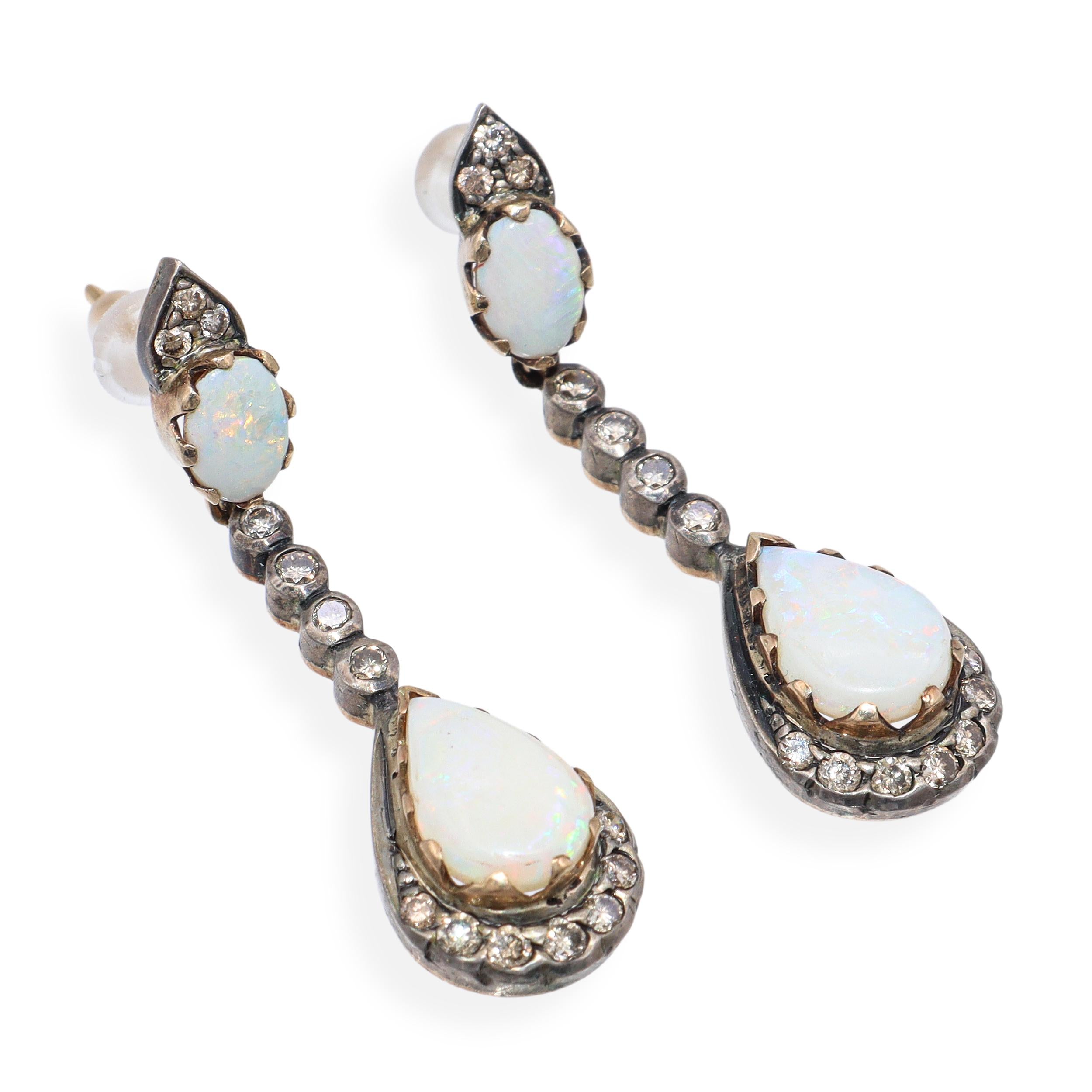 Vintage Silver Topped Yellow Gold 1.85tcw Opal Drop & Diamond Earrings