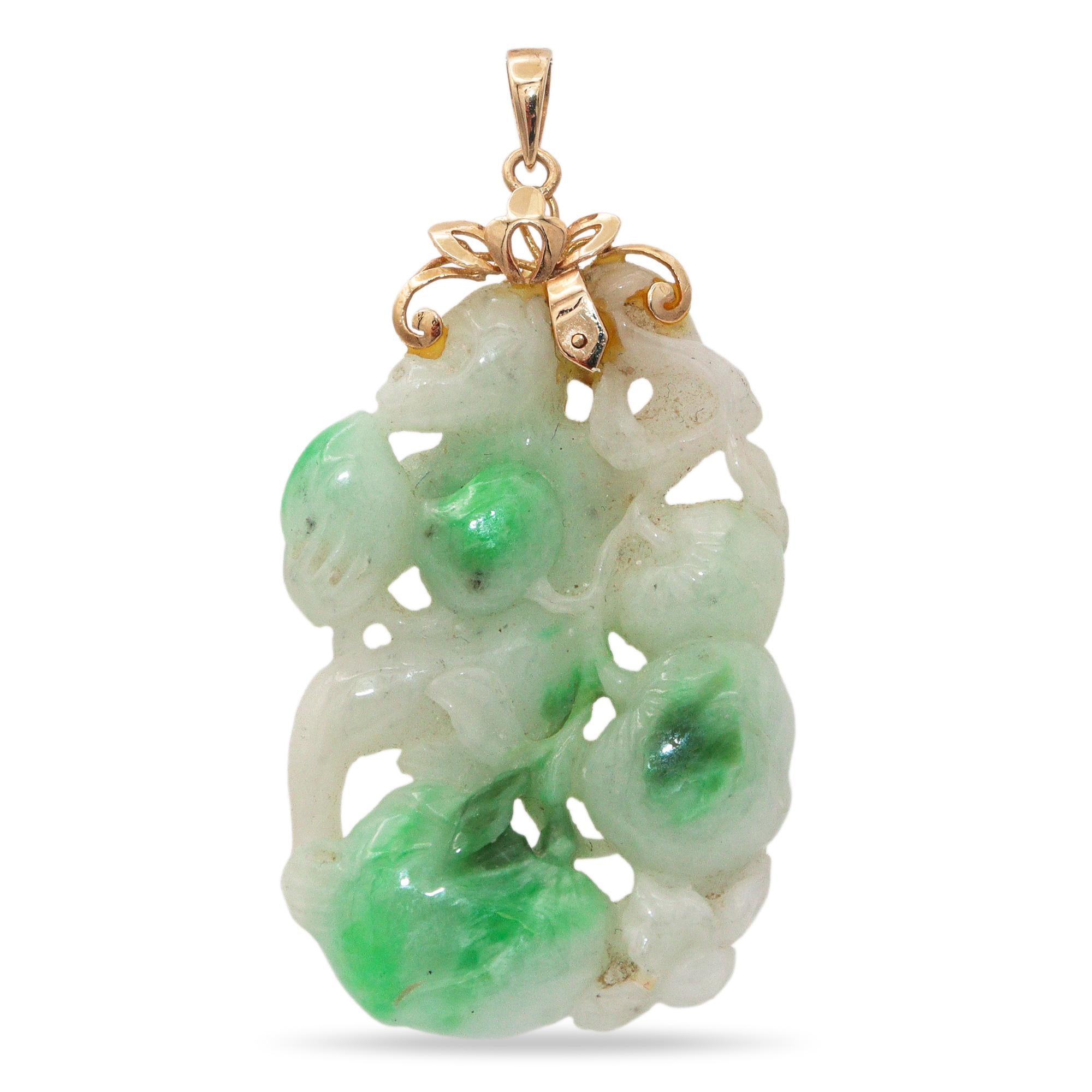 Vintage 14k Yellow Gold Carved Jadeite Monkey and Fruit Pendant