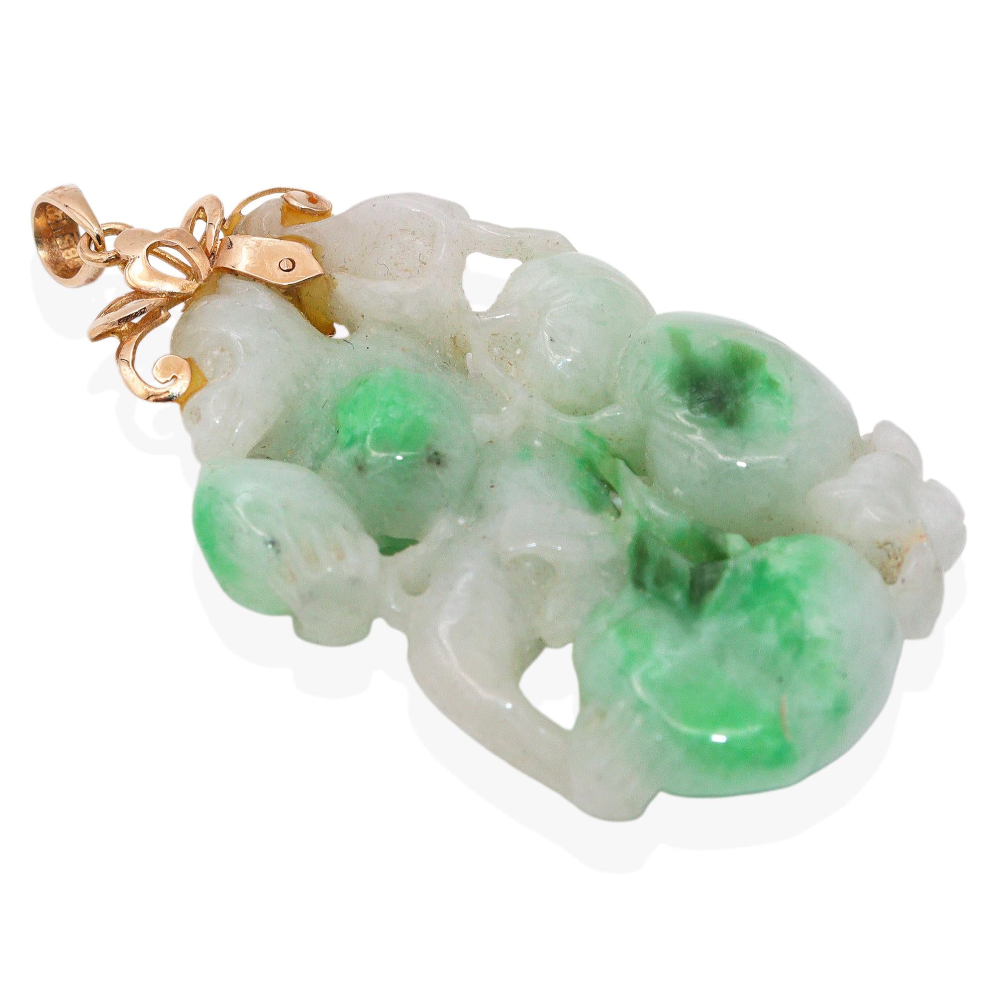 Vintage 14k Yellow Gold Carved Jadeite Monkey and Fruit Pendant