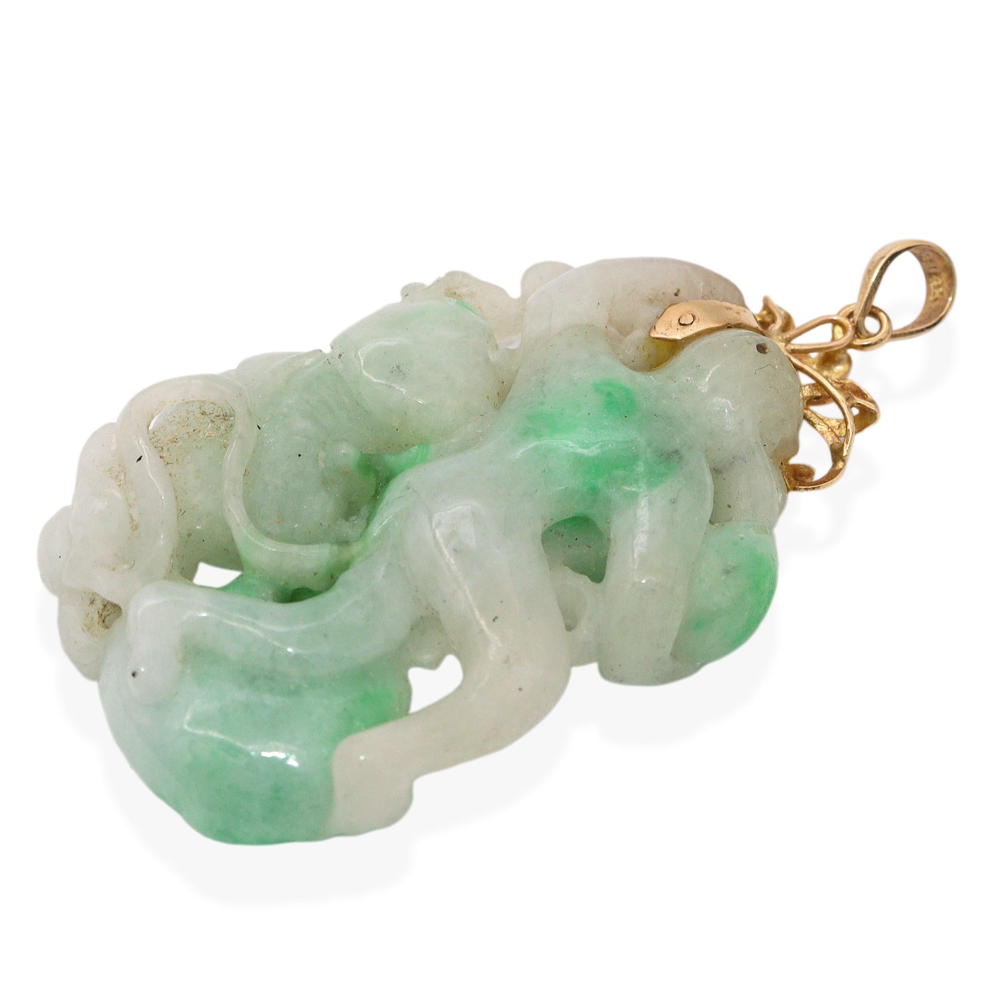Vintage 14k Yellow Gold Carved Jadeite Monkey and Fruit Pendant