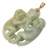Vintage 18k Yellow Gold Hand Carved Jade Two Monkeys Pendant