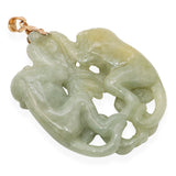 Vintage 18k Yellow Gold Hand Carved Jade Two Monkeys Pendant