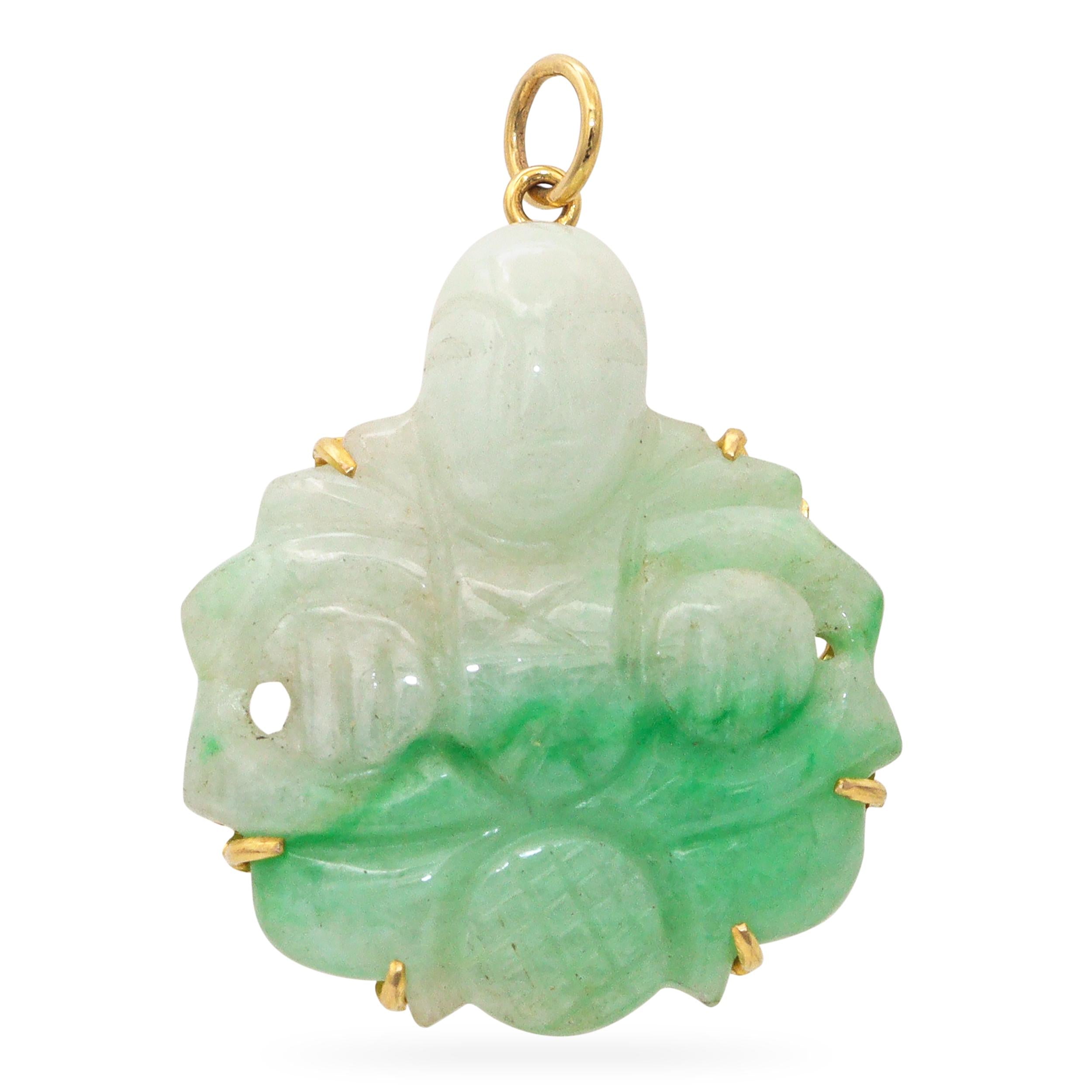 Vintage 14k Yellow Gold Carved Jade Pendant