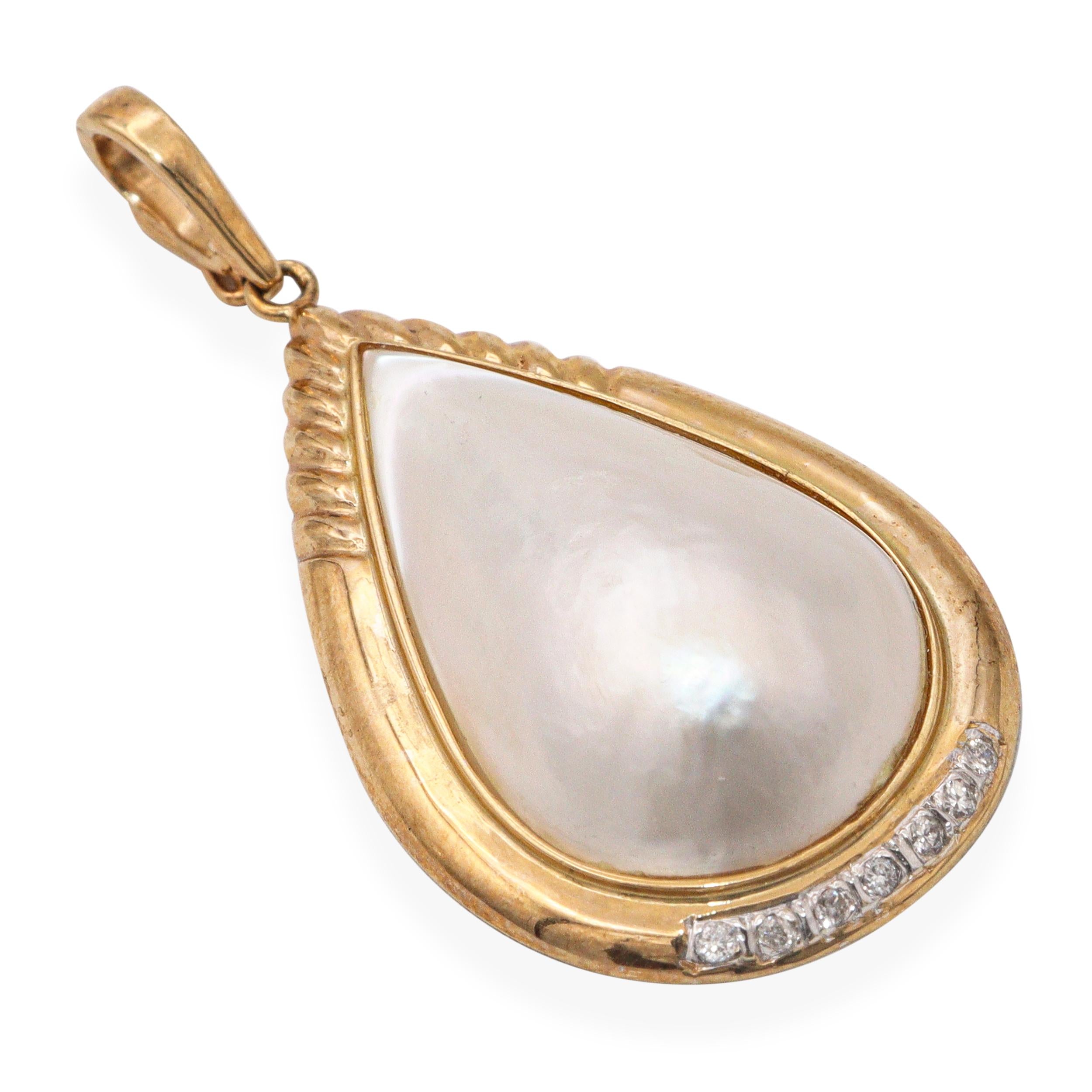 Vintage 14k Yellow Gold Mabe Pearl and Diamond Pendant
