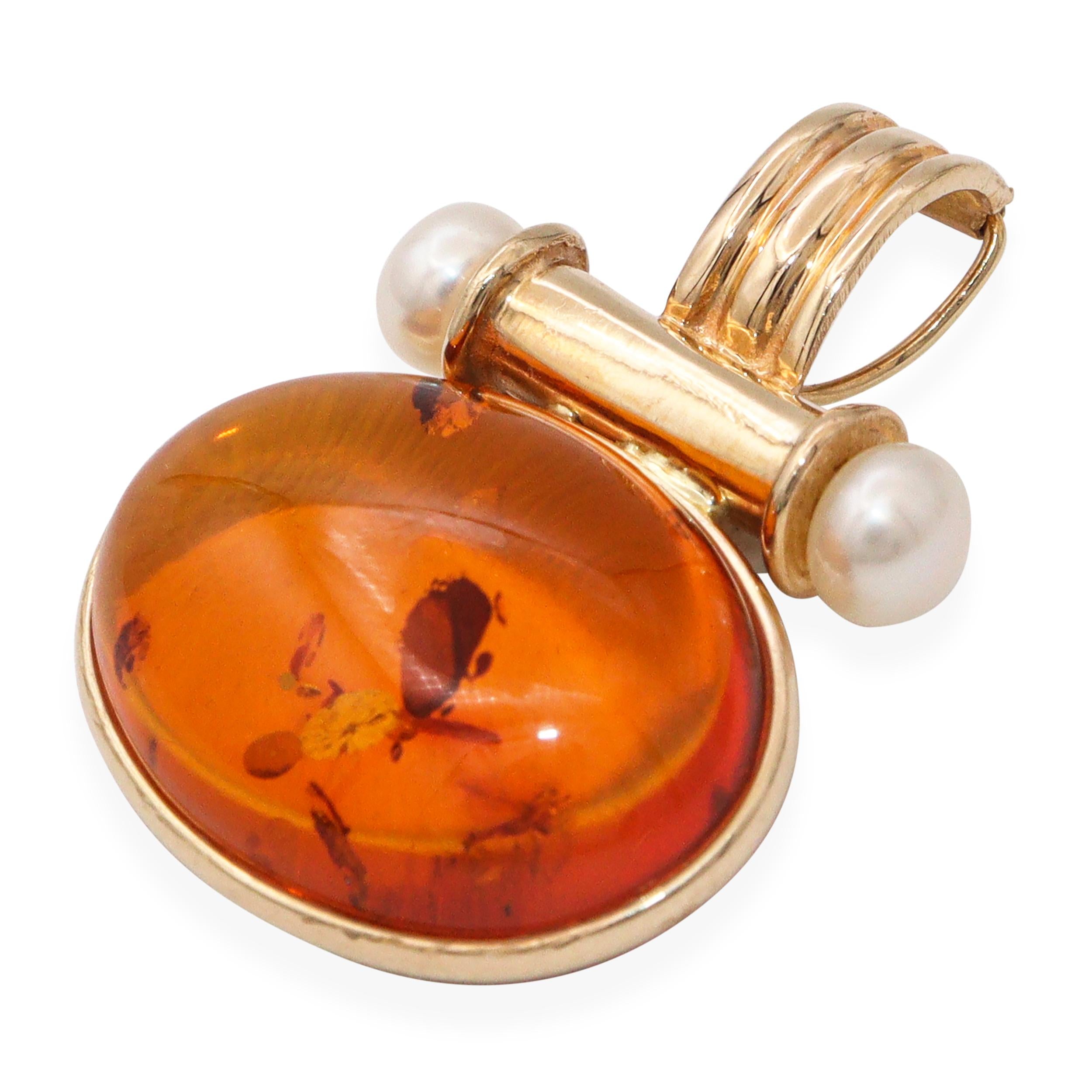 Vintage 14k Yellow Gold Baltic Amber and Pearl Pendant