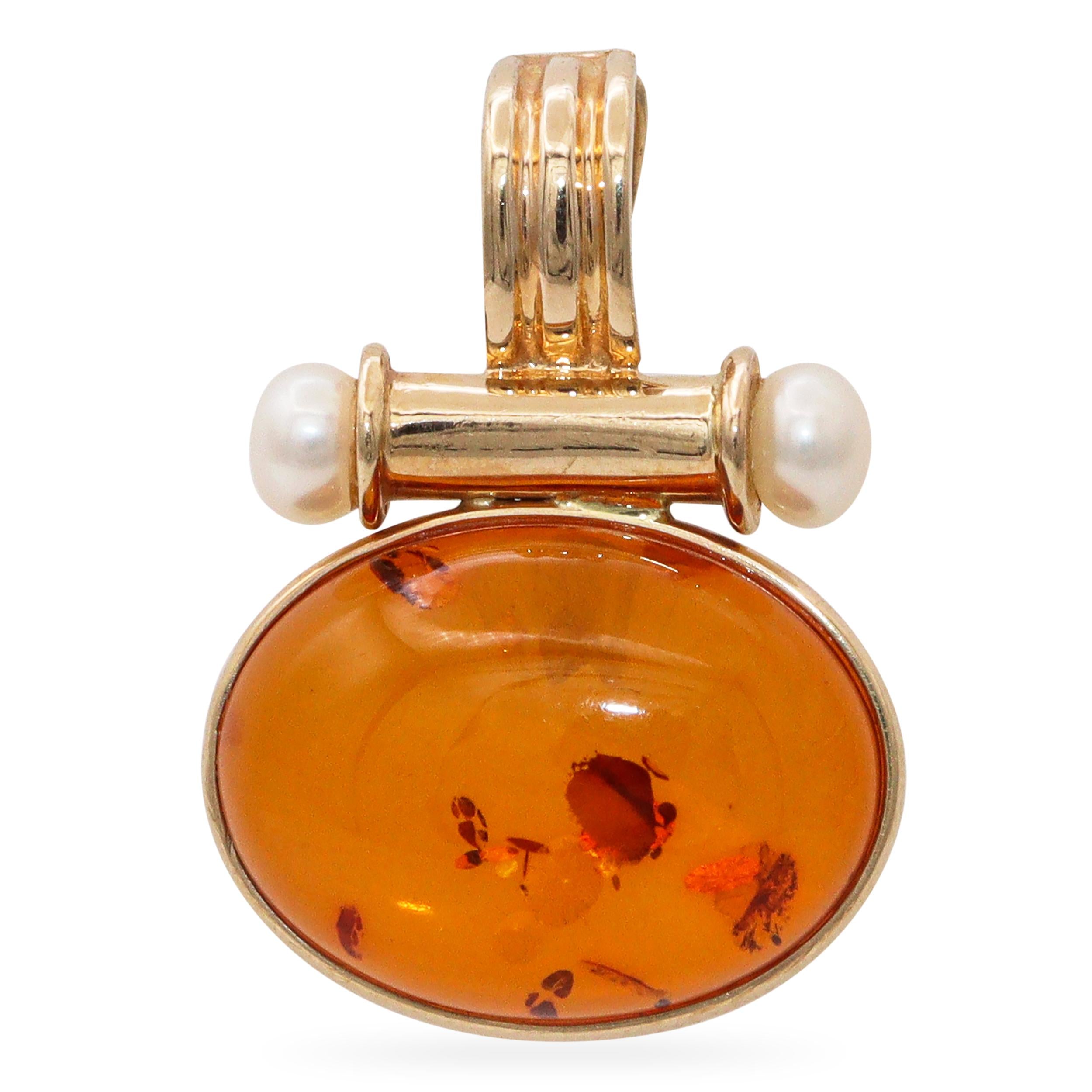 Vintage 14k Yellow Gold Baltic Amber and Pearl Pendant