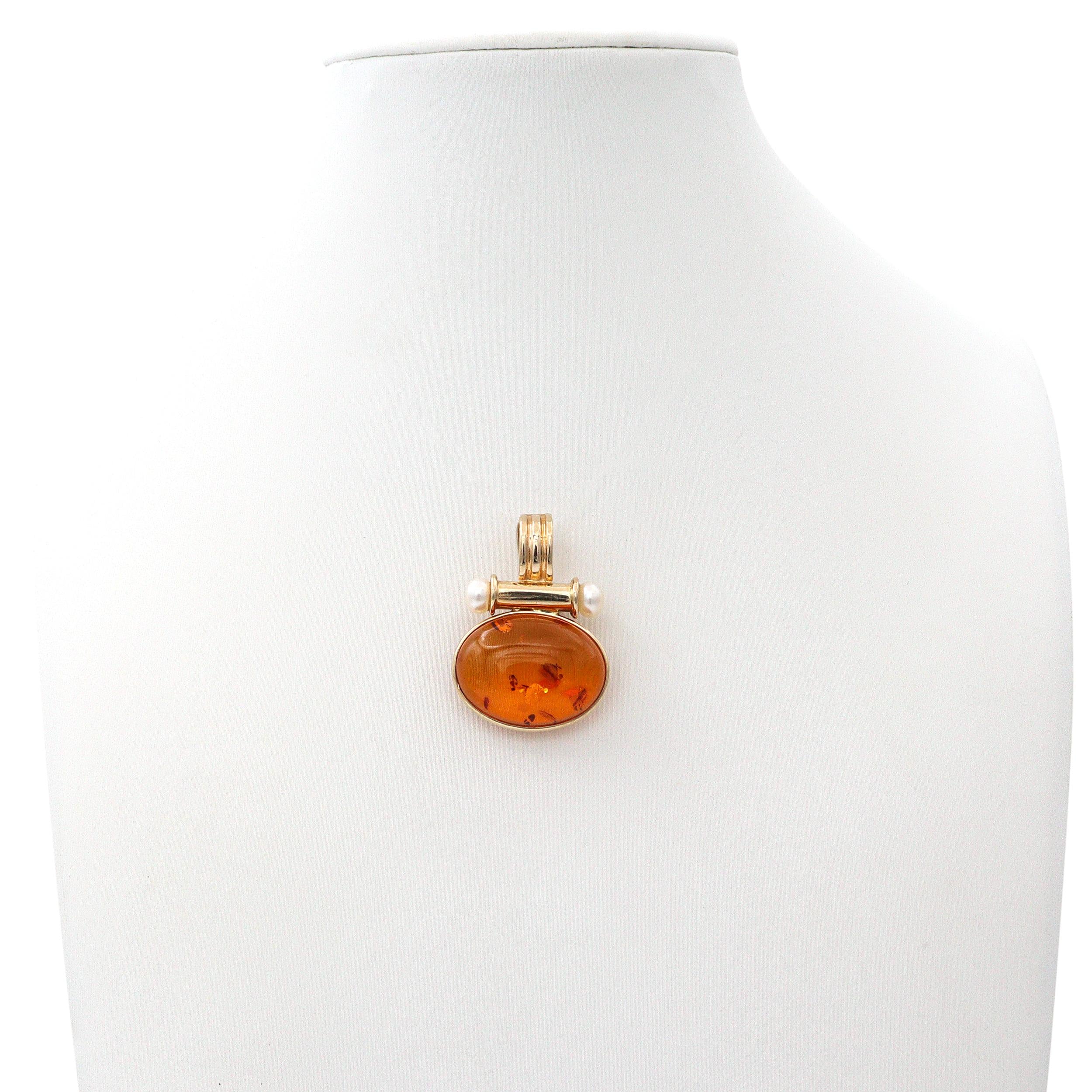 Vintage 14k Yellow Gold Baltic Amber and Pearl Pendant