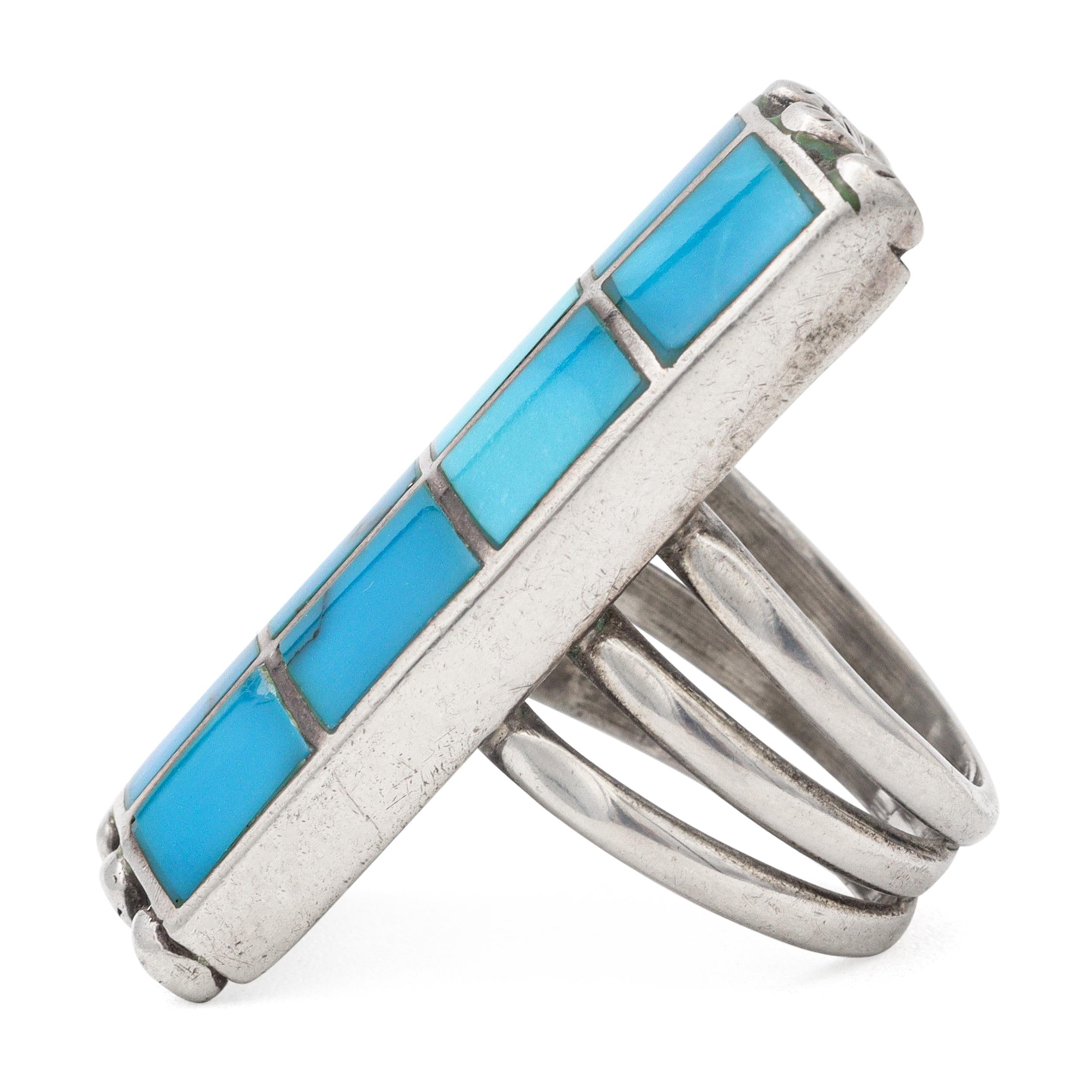 Vintage Southwest Navajo Norman Paul Sterling Silver Turquoise Inlay Ring