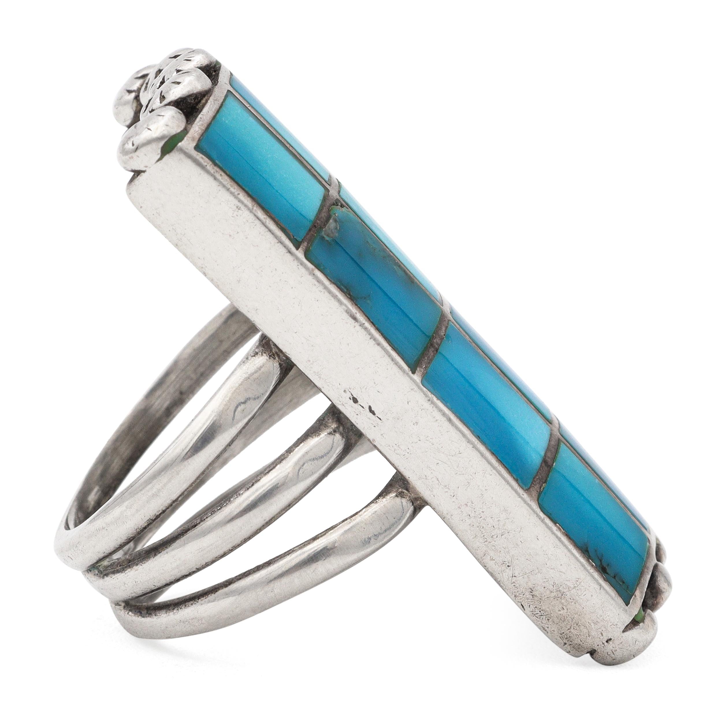 Vintage Southwest Navajo Norman Paul Sterling Silver Turquoise Inlay Ring