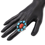 Vintage M Davis Navajo Native American Sterling Silver Turquoise Red Coral Ring