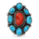 Vintage M Davis Navajo Native American Sterling Silver Turquoise Red Coral Ring