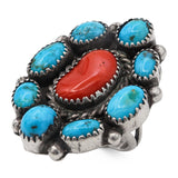 Vintage M Davis Navajo Native American Sterling Silver Turquoise Red Coral Ring