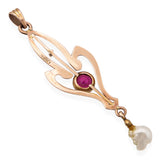 Antique 10k Yellow Gold Ruby and Natural Pearl Pendant