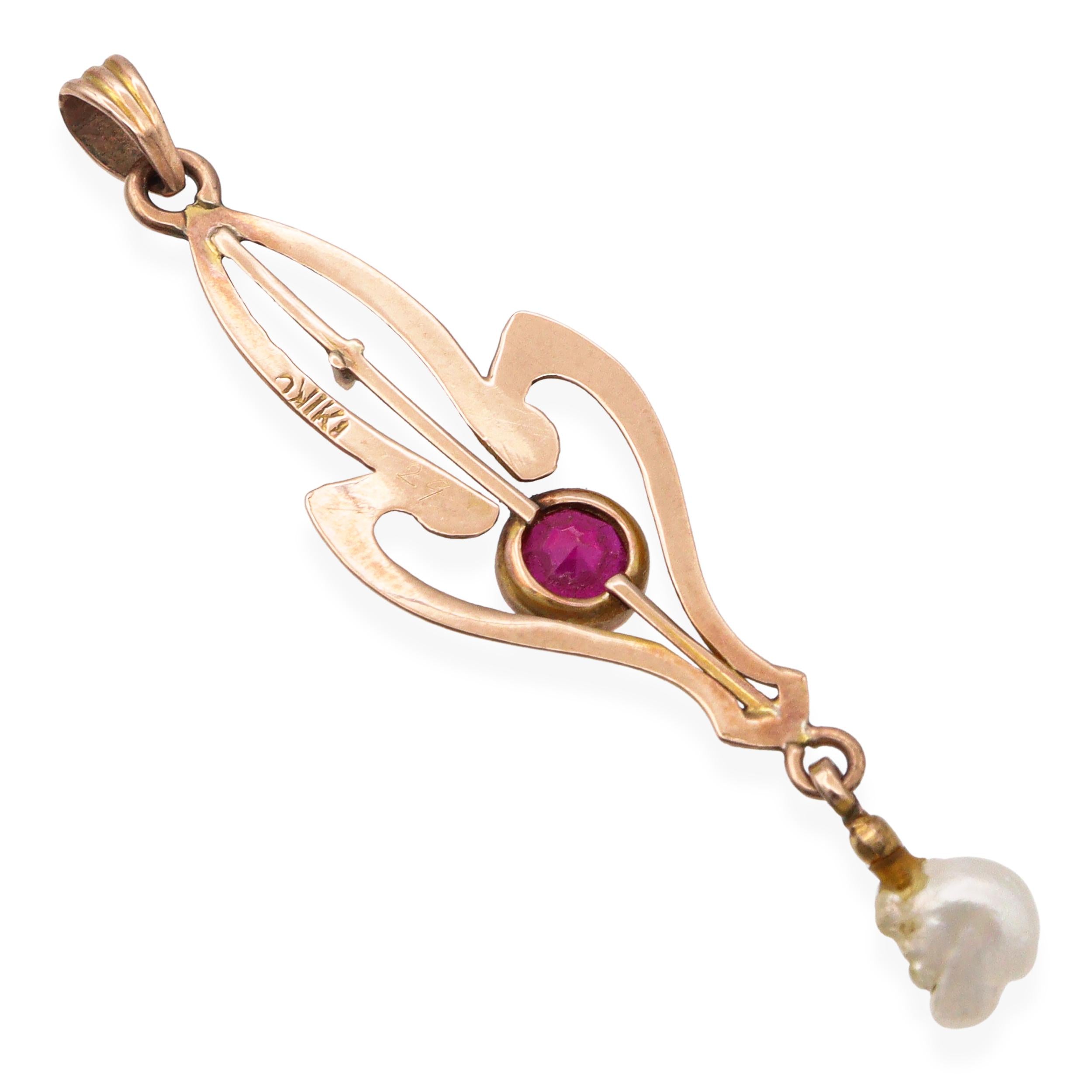Antique 10k Rose Gold Ruby and Natural Pearl Pendant