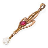 Antique 10k Yellow Gold Ruby and Natural Pearl Pendant