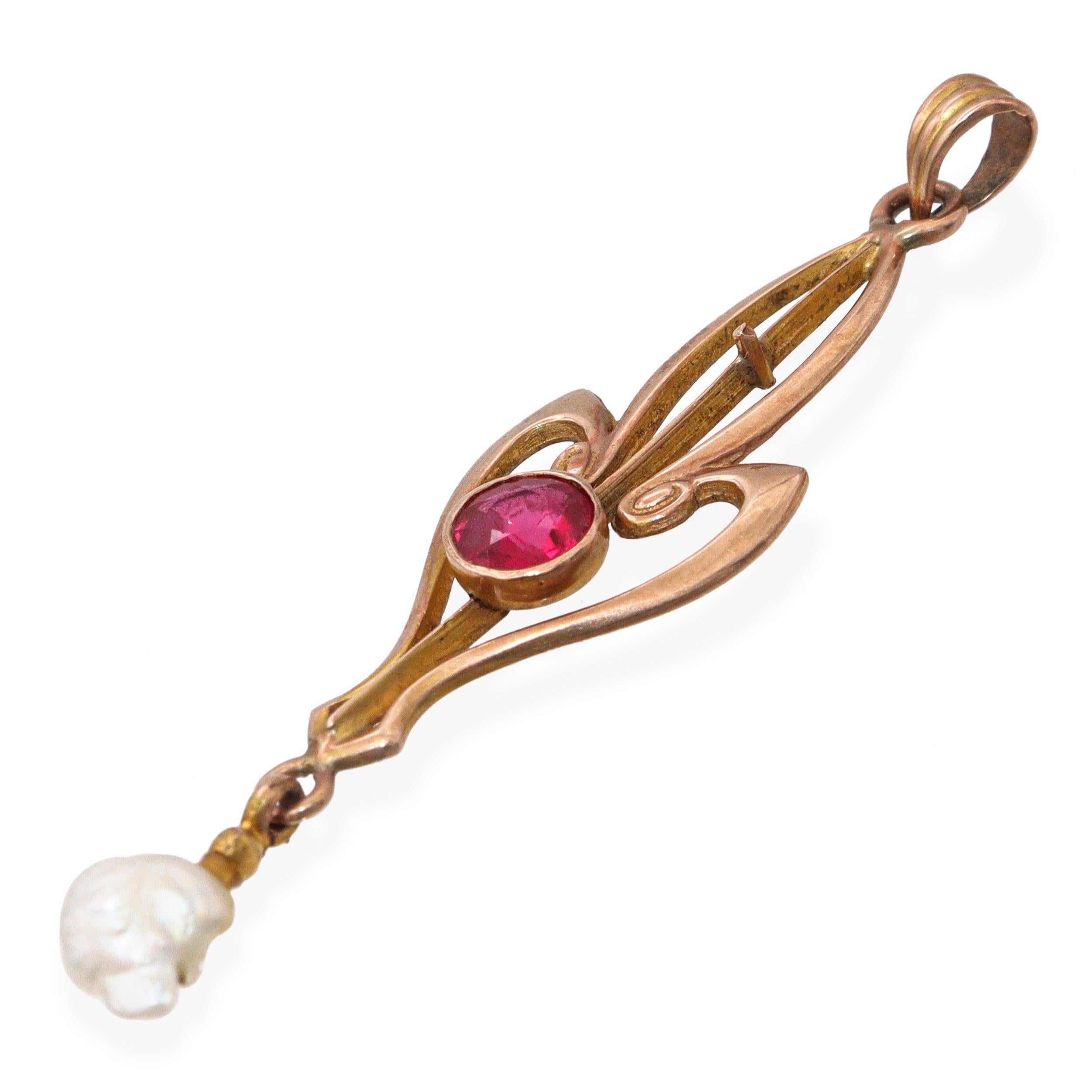 Antique 10k Rose Gold Ruby and Natural Pearl Pendant