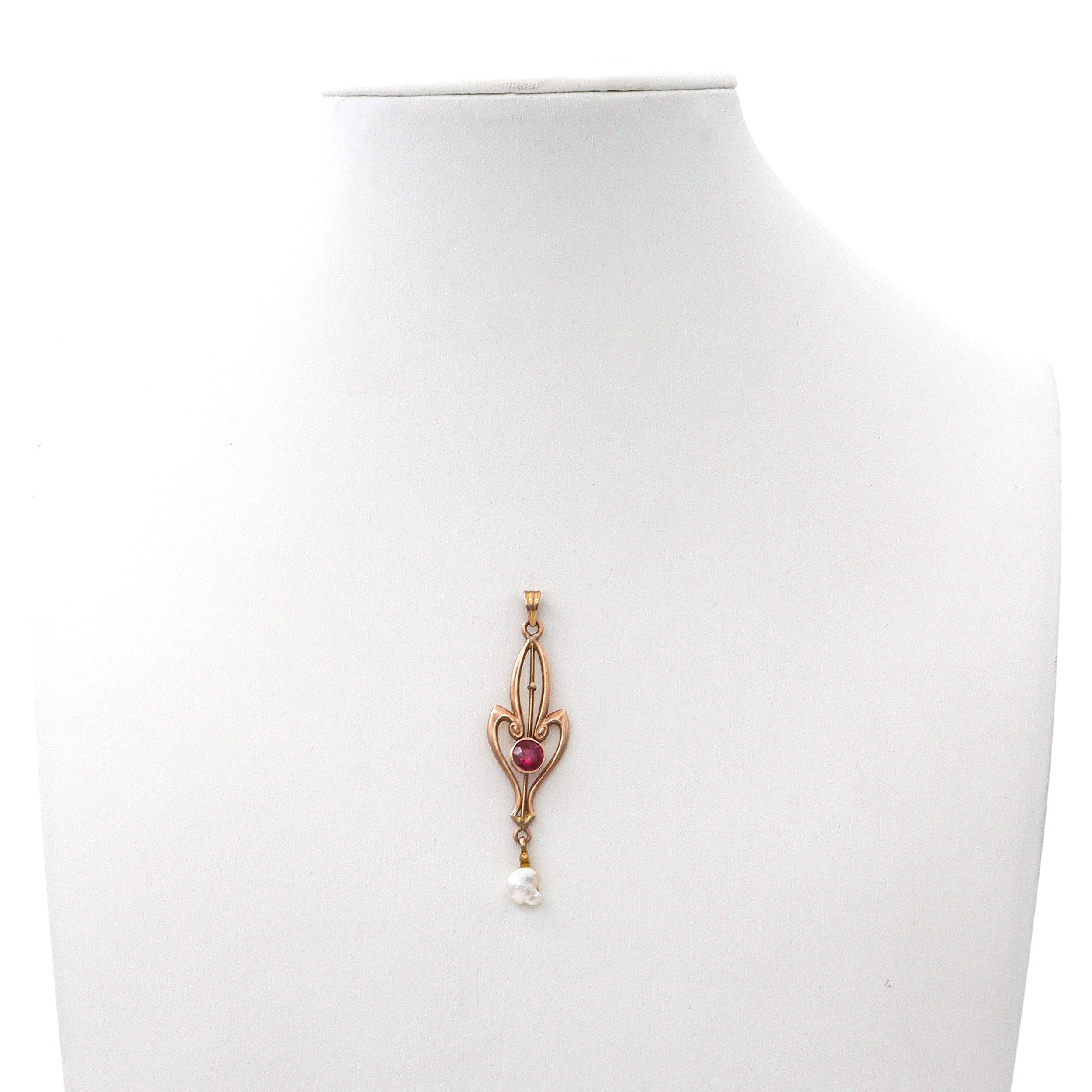 Antique 10k Rose Gold Ruby and Natural Pearl Pendant