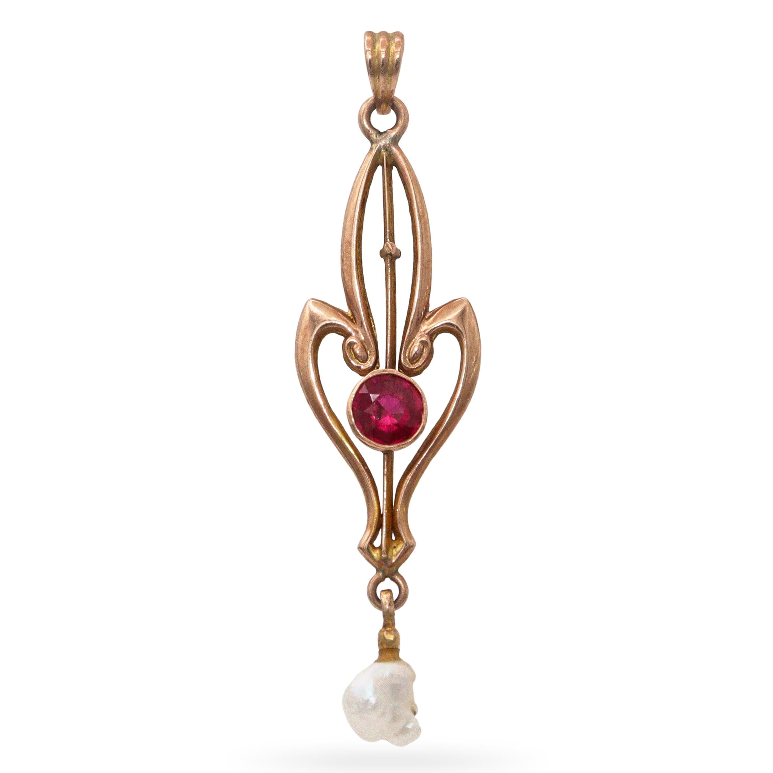 Antique 10k Rose Gold Ruby and Natural Pearl Pendant