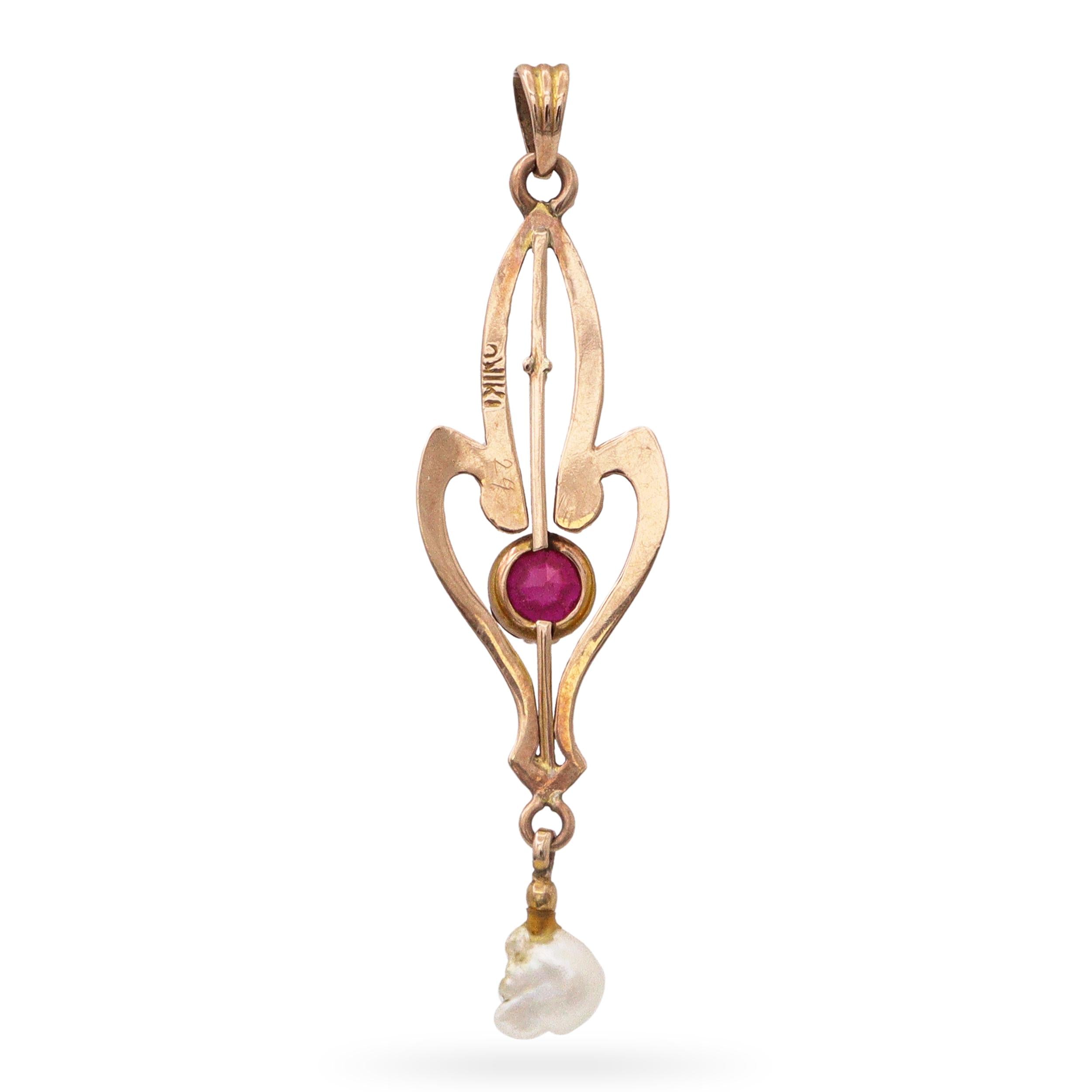 Antique 10k Rose Gold Ruby and Natural Pearl Pendant