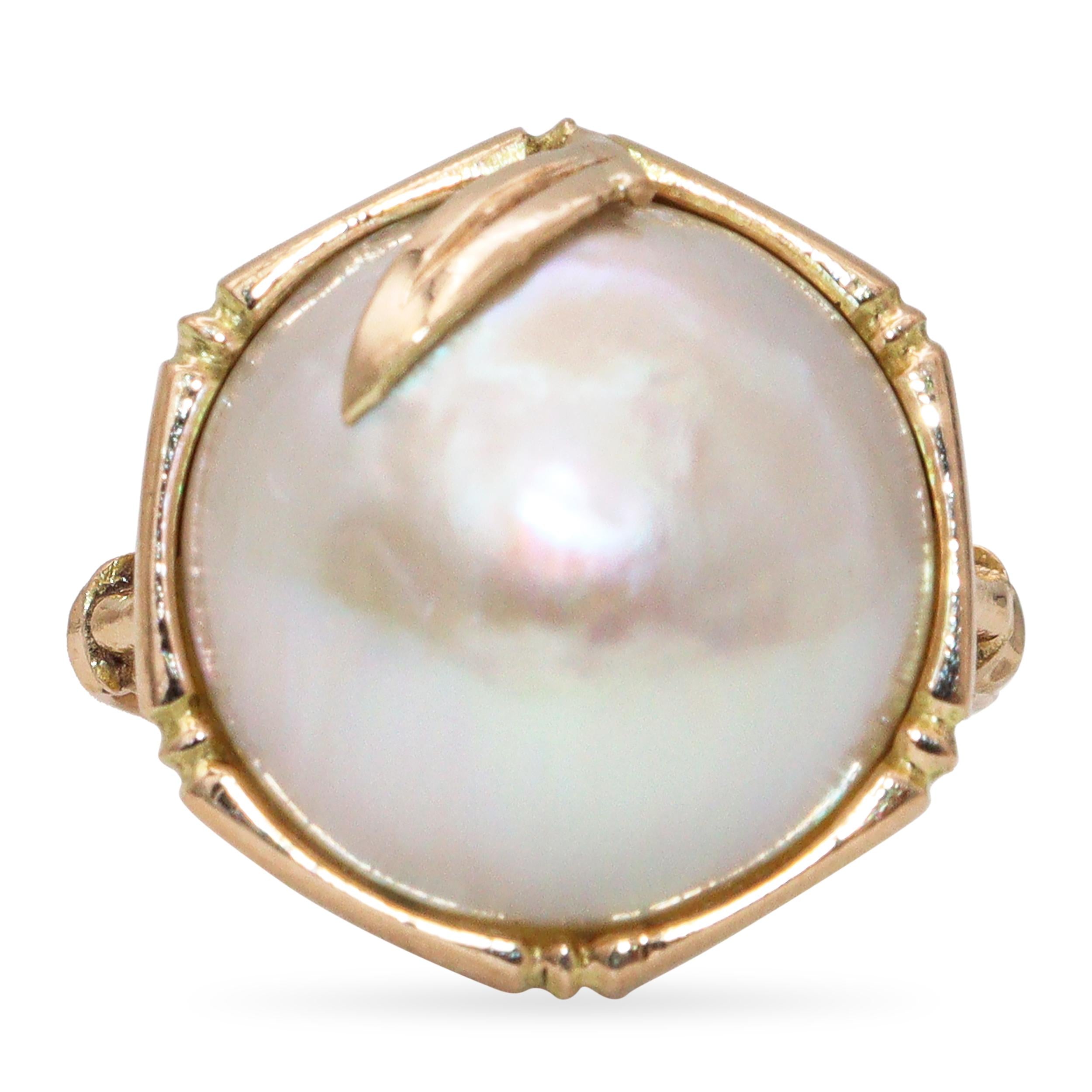 Vintage 14k Yellow Gold Mabe Pearl Bamboo Ring