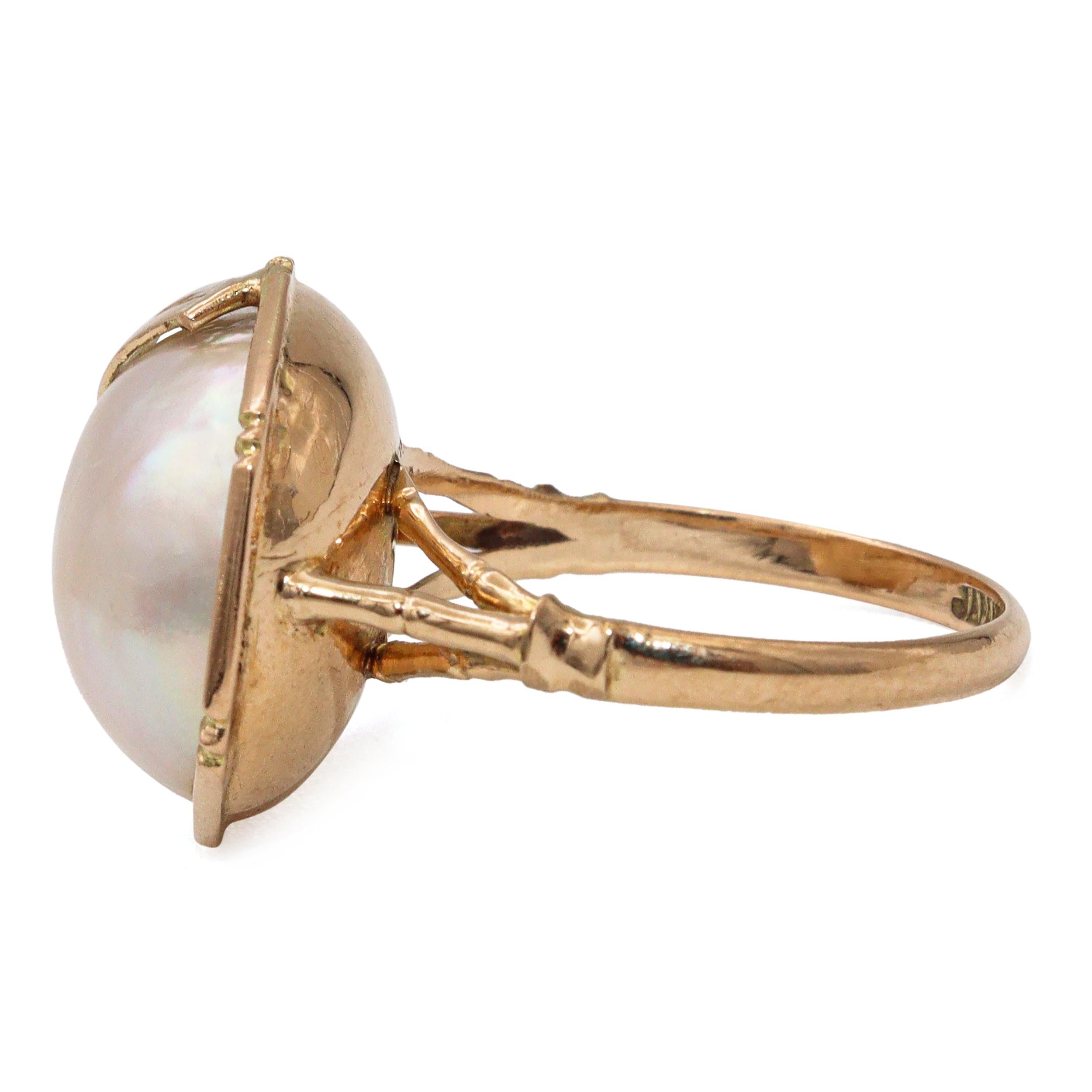 Vintage 14k Yellow Gold Mabe Pearl Bamboo Ring
