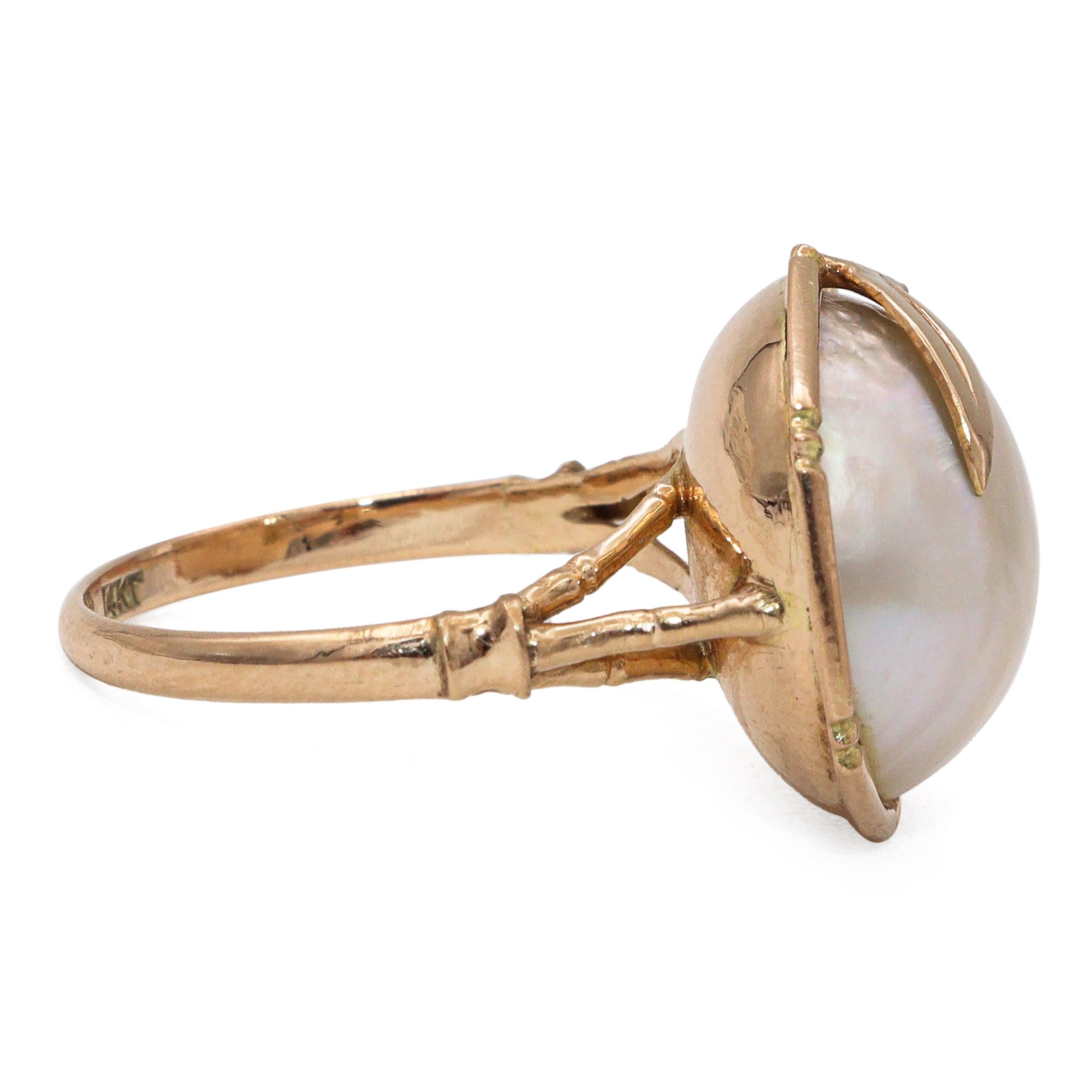 Vintage 14k Yellow Gold Mabe Pearl Bamboo Ring