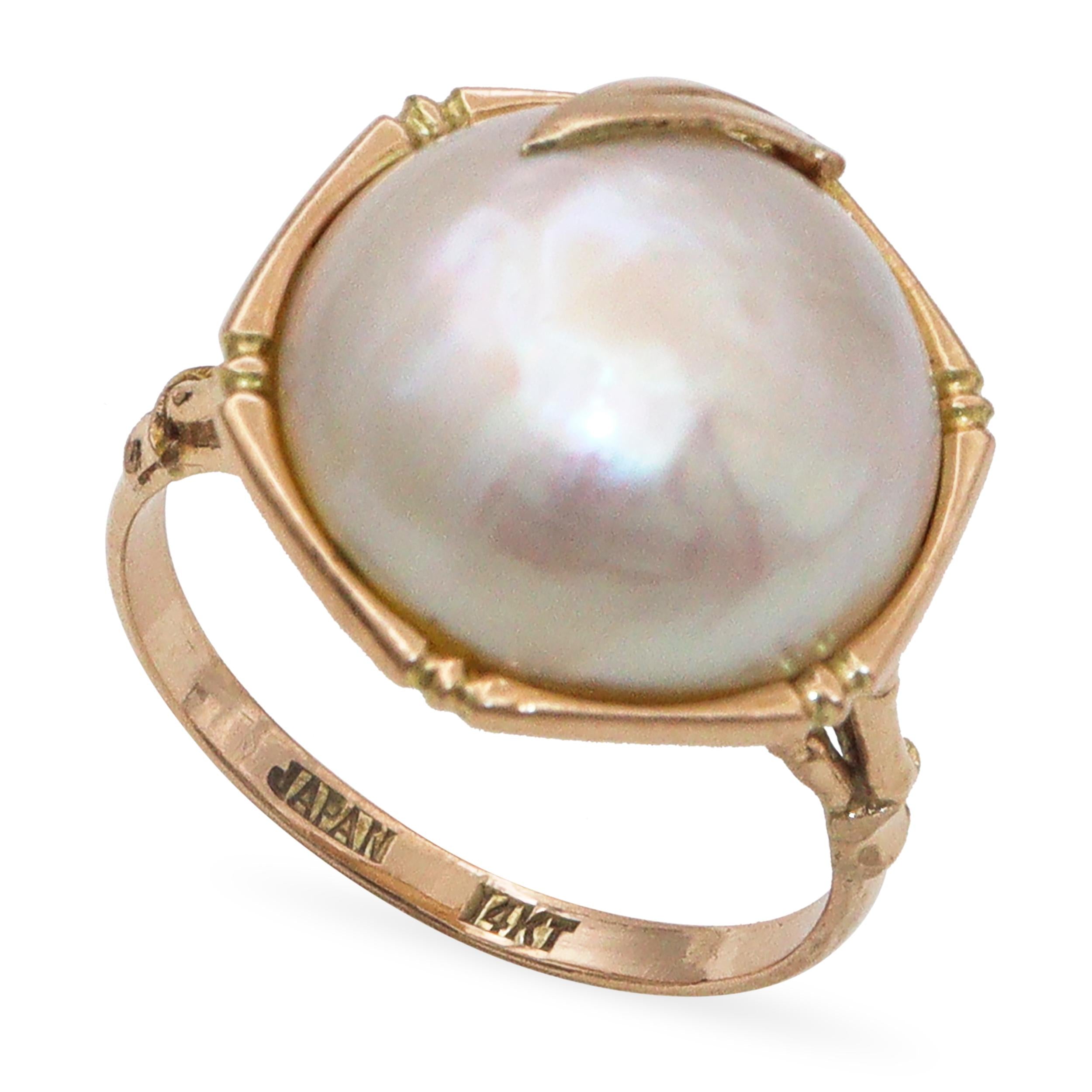 Vintage 14k Yellow Gold Mabe Pearl Bamboo Ring
