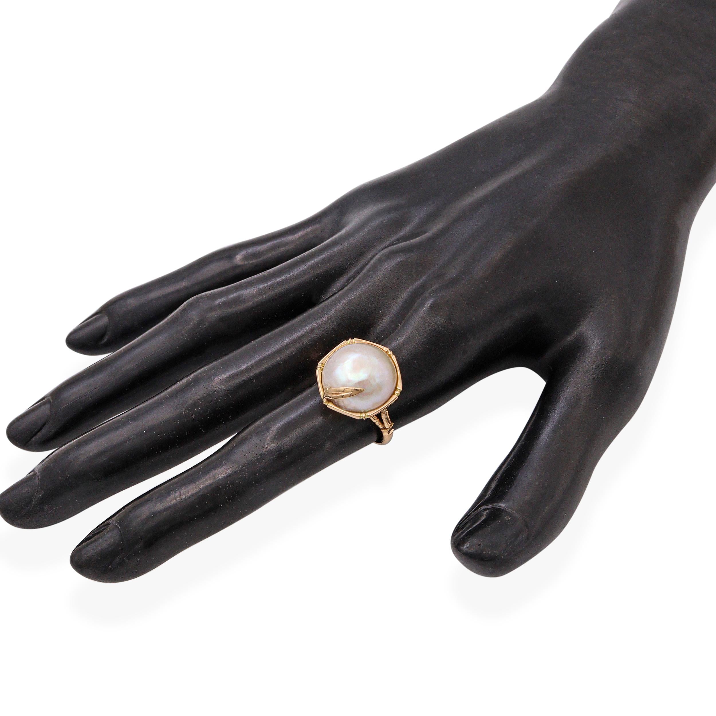 Vintage 14k Yellow Gold Mabe Pearl Bamboo Ring