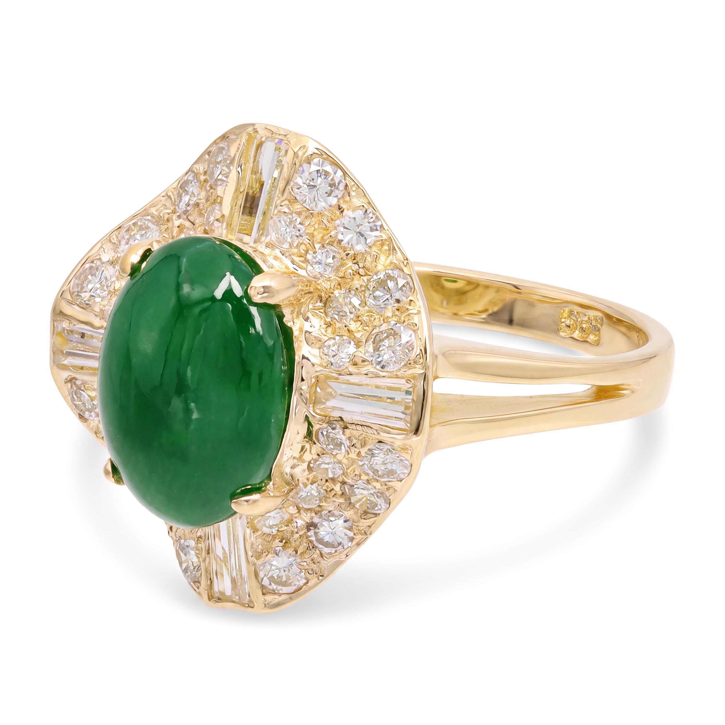 14k Yellow Gold 2.18ct Imperial Green Jadeite Jade & Diamond Pavé Ballerina Ring